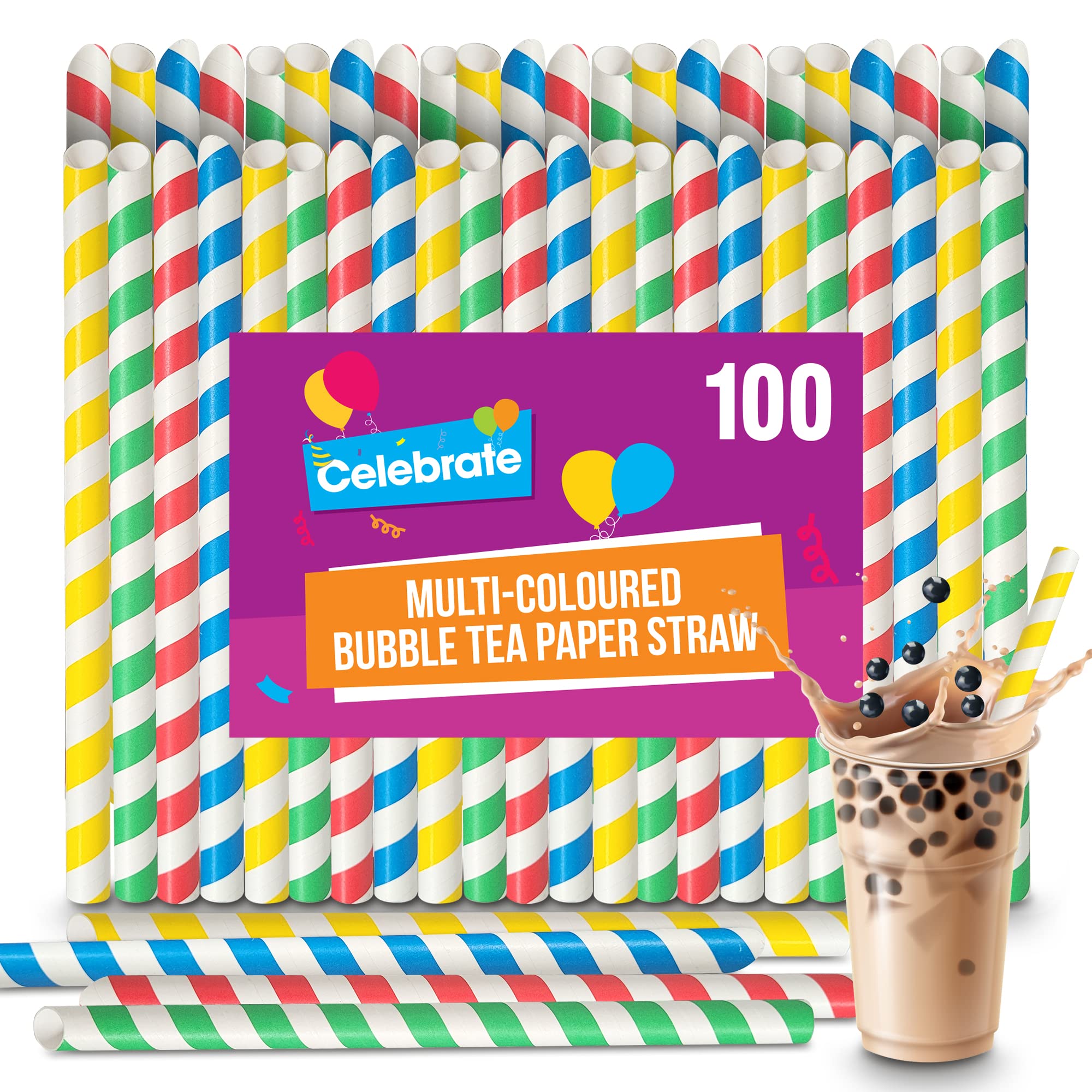 SOL 100pk Multi-Coloured Bubble Tea Paper Straws - Large Boba Straws for Milkshakes & Smoothies - Sturdy, Spiral Design in Yellow, Green, Red & Blue - Perfect for Home, Parties, or Commercial Use