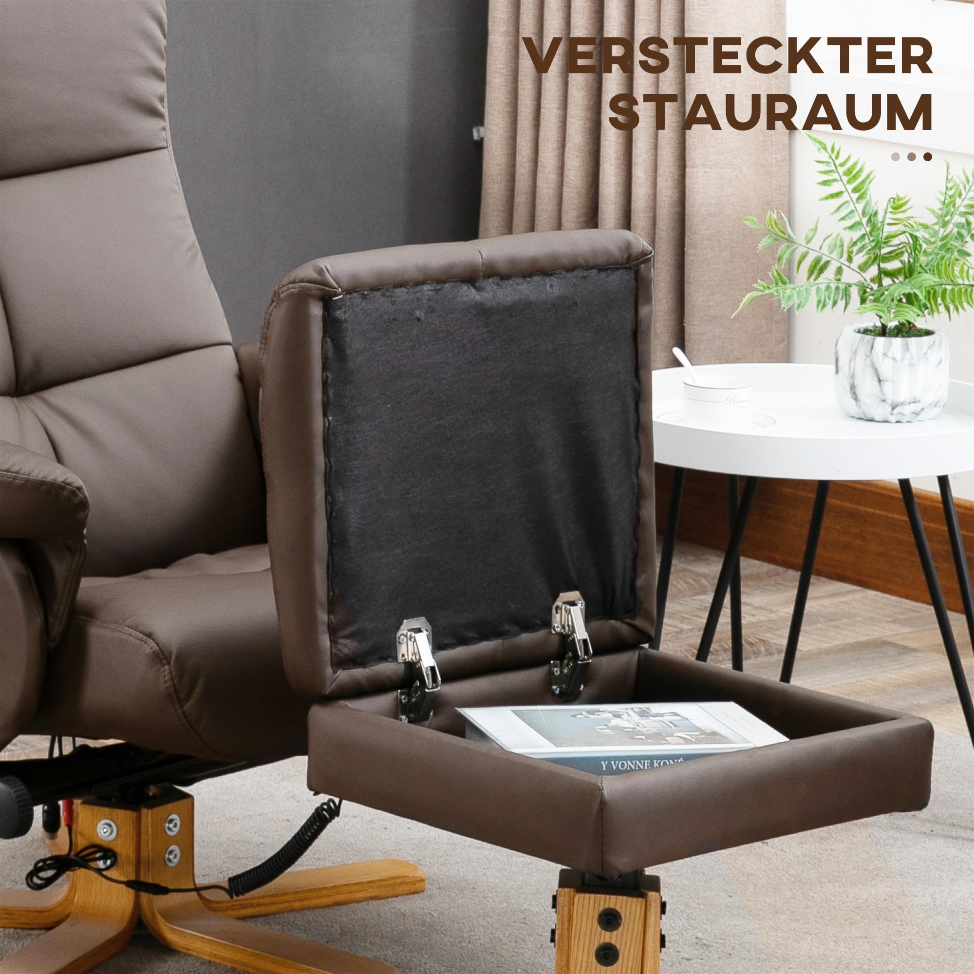 HOMCOM Relaxsessel mit Hocker 360° drehbarer Massagesessel Liegefunktion TV-Sessel Polyester Braun
