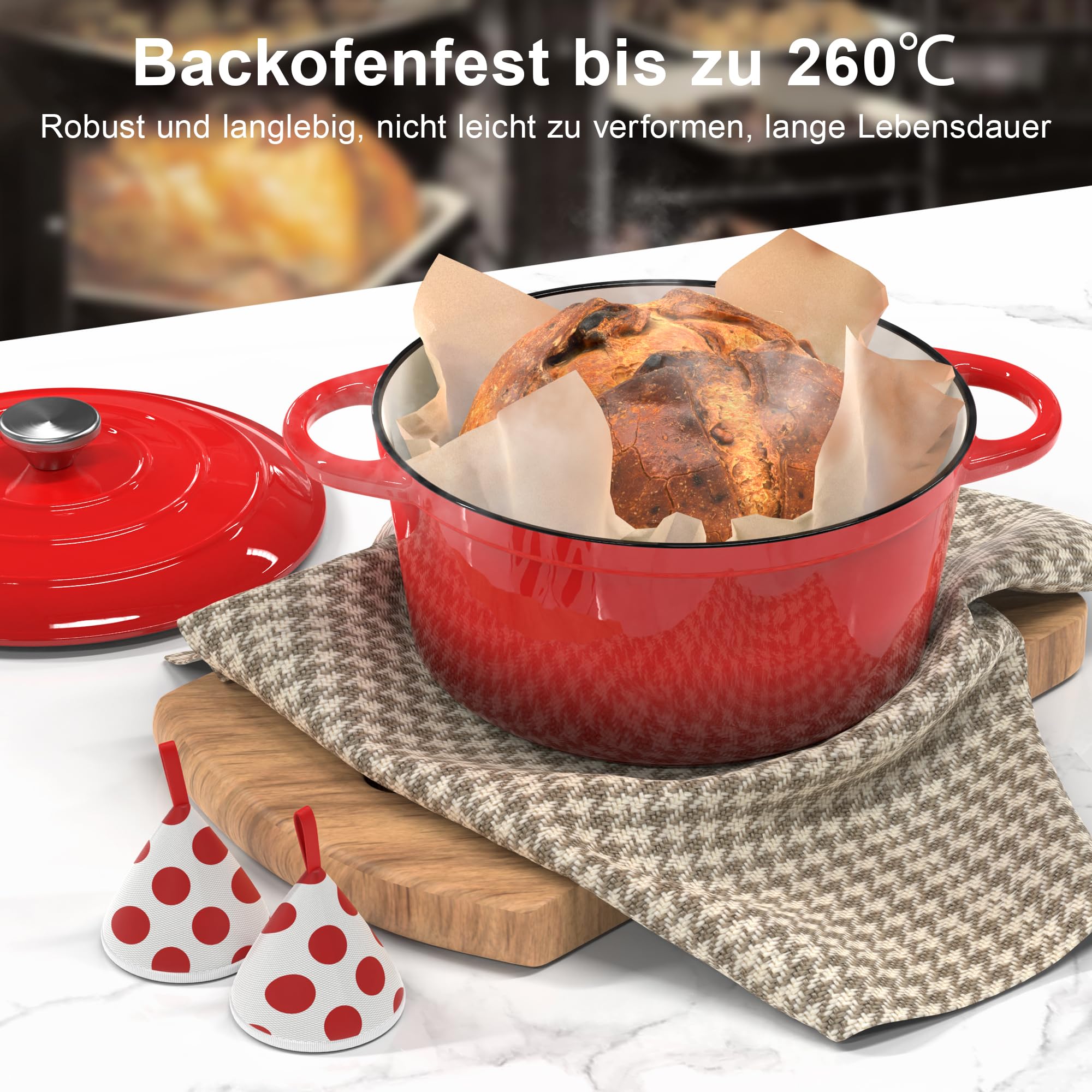 Gusseisen Topf Brotbackform, 26cm 5L Topbooc Dutch Oven Brot Backen, Rot | Backofen, Gasherd, Induktionsherd, Emaille Schmortopf Gusseisenpfanne mit Deckel, Gusseisentopf Bräter Brotbacktopf