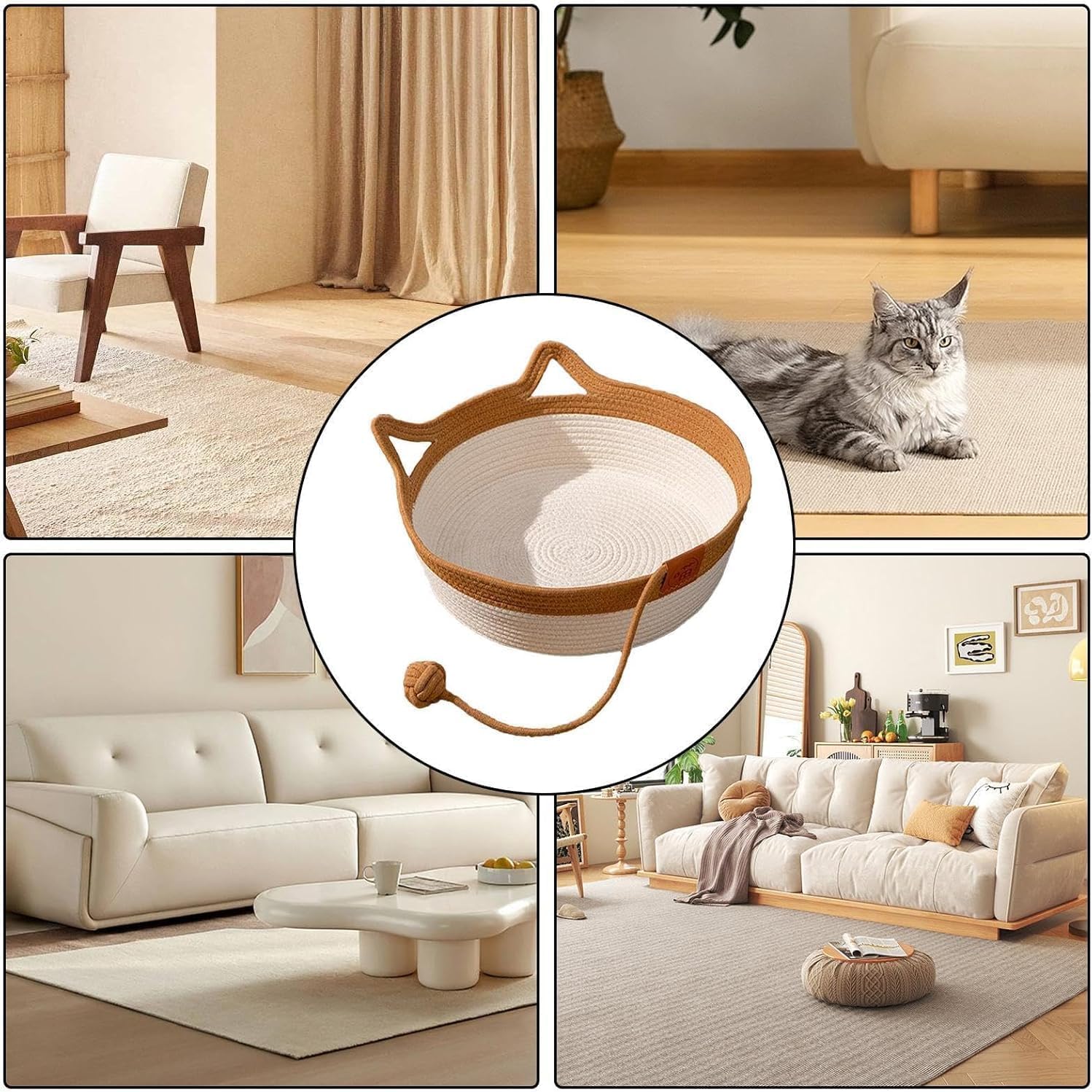 Katzenbett mit Seilball, 46x46x16 cm Rundes Katzenkorb aus Baumwollseilen, Atmungsaktiv Waschbar Drinnen Katzenkörbchen, Katzenhöhle für Alle Katzen und Welpen