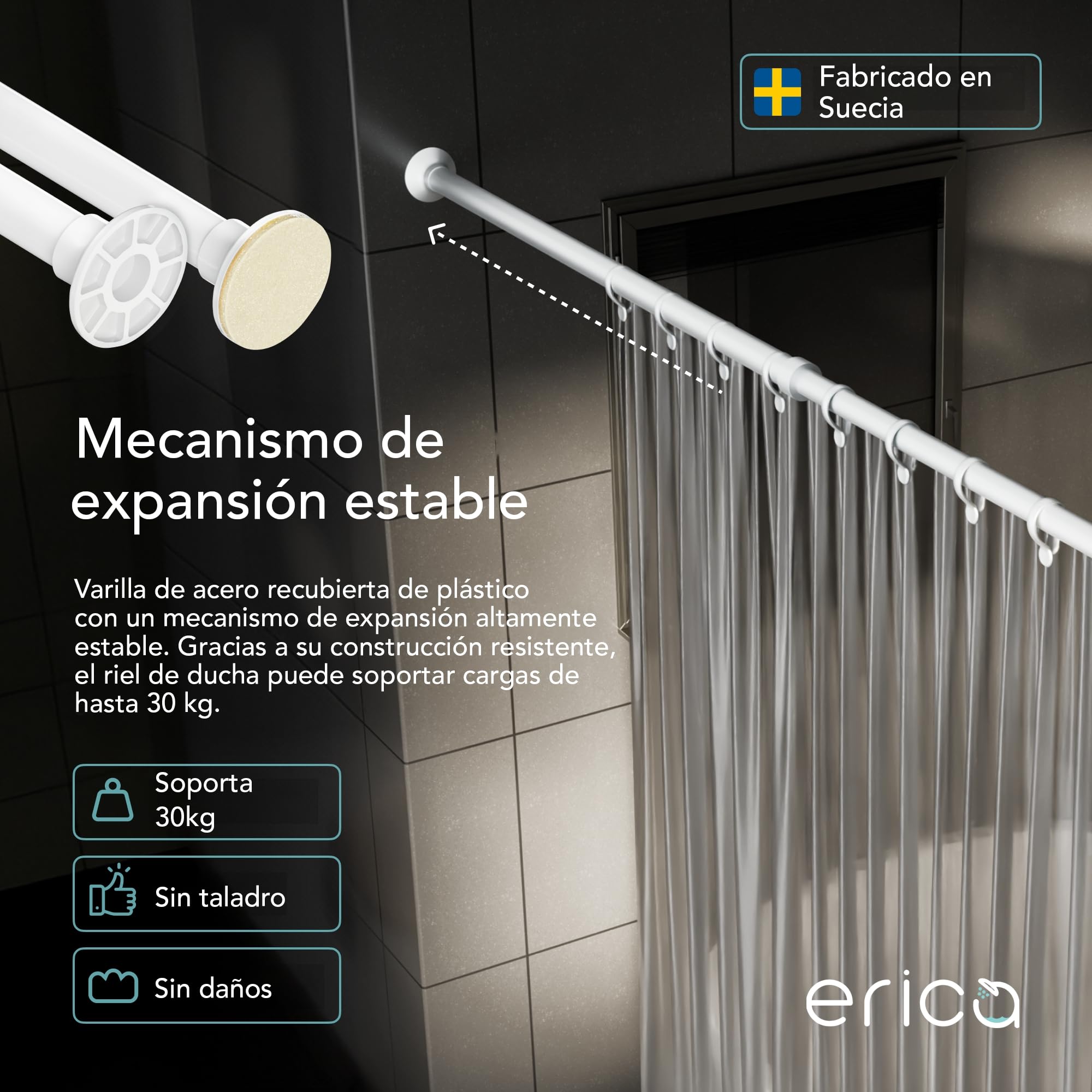 Erica Barra Telescópica para Cortina de Ducha sin Taladrar 165-250cm Blanca