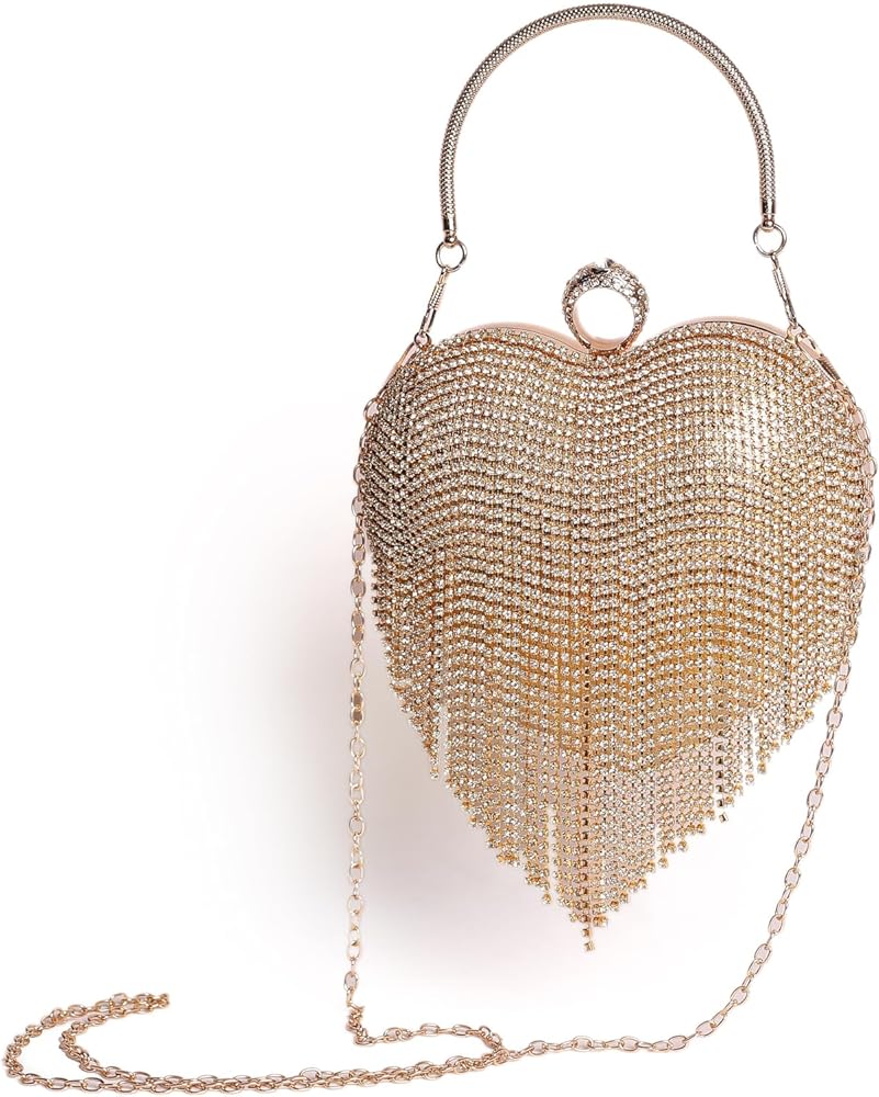 jasuniq Elegant Heart-Shaped Evening Clutch Purse, Gold, Crystal