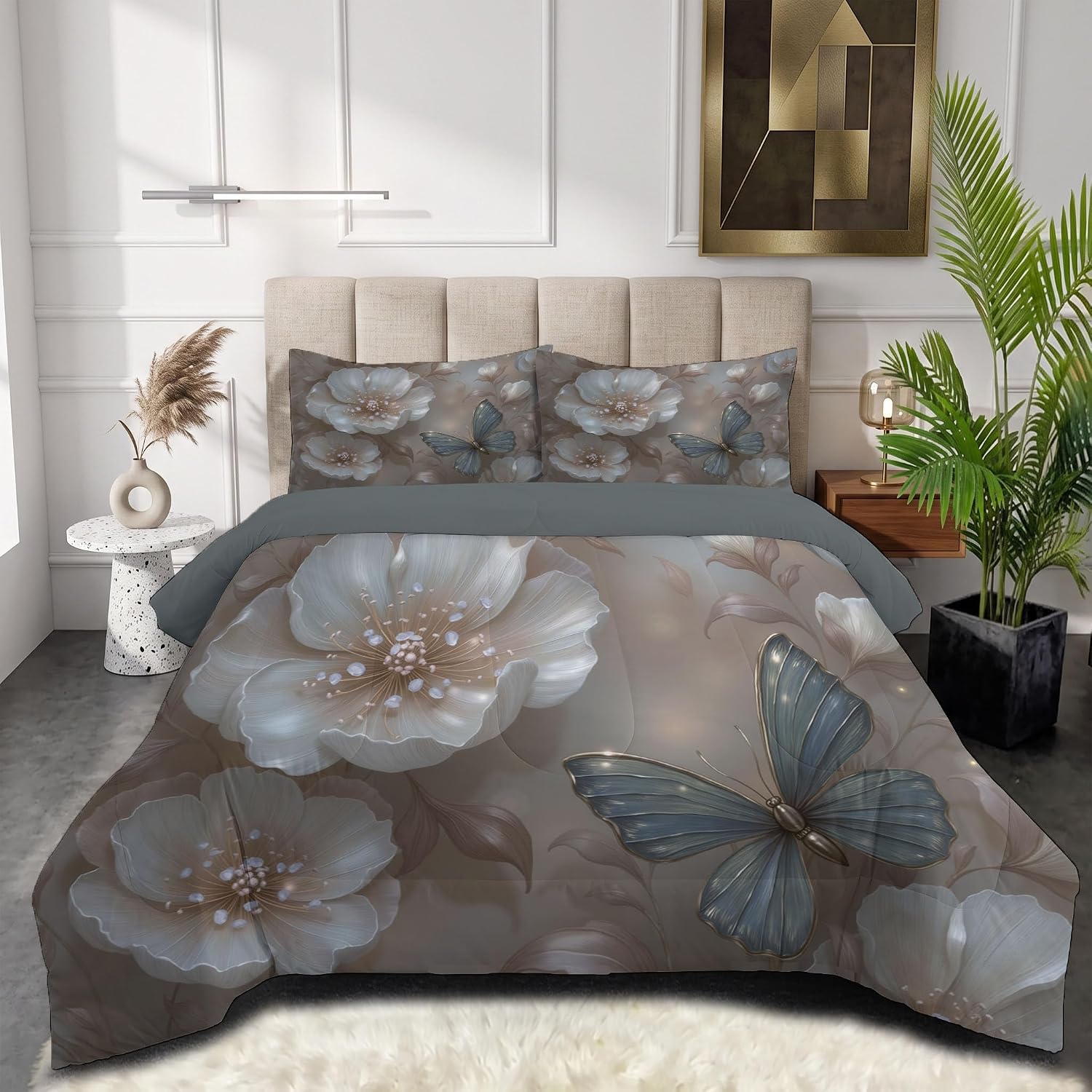 Modern Luxury Quilt Set Twin 3 Pieces, Rice Pink Quilts Bedding Set Poppy Butterfly Bedspread Bed Cover Lightweight Spring Summer Beds Coverlet for All Season - 68"X90"