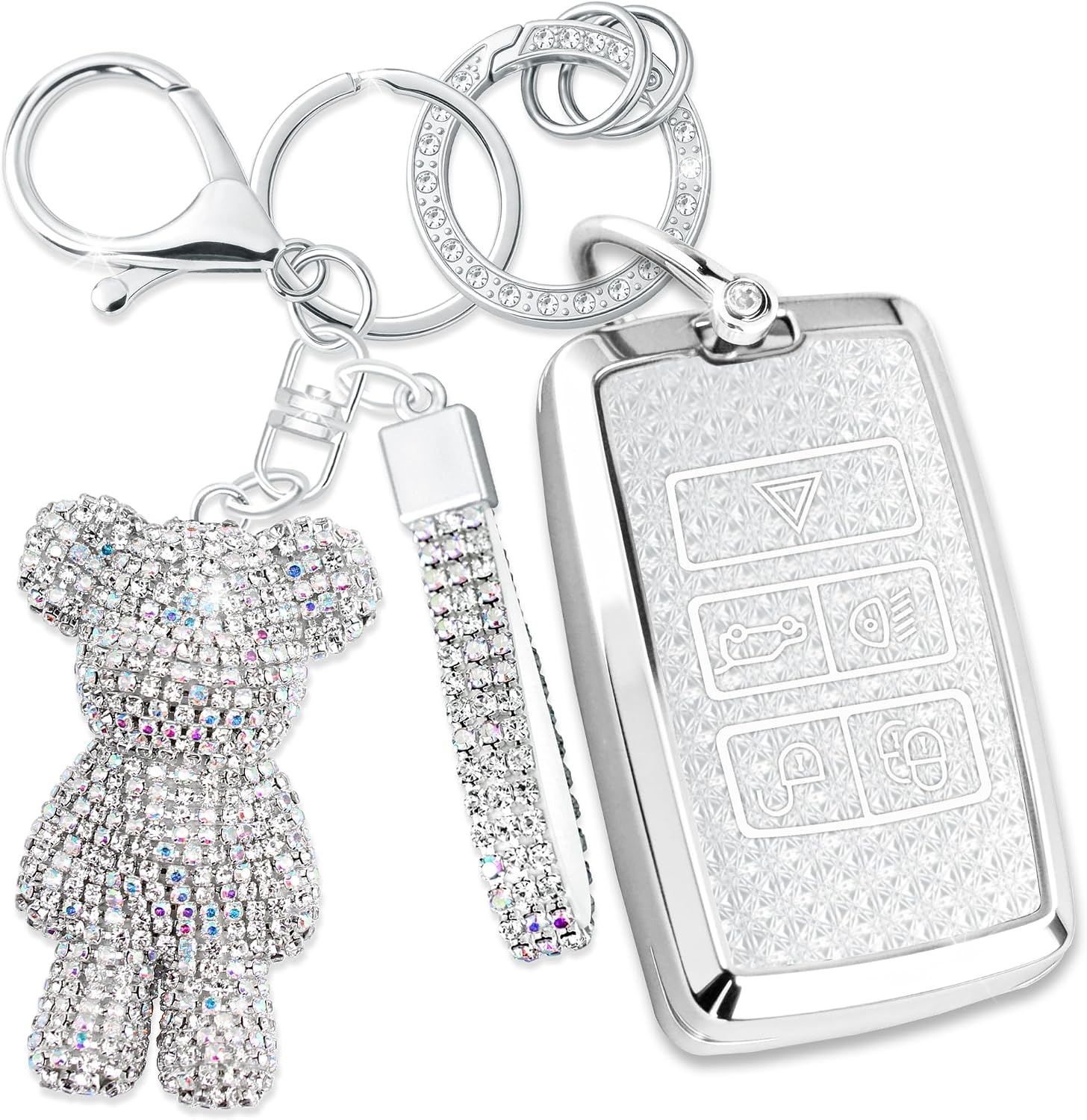 Cute Key Fob Cover with Rhinestone Bear Charm, TPU Smart Key Case for Women, Compatible with Land Rover Discovery Range Rover Defender 110 130 90,Jaguar E-PACE I-PACE (5-Button,Silver)