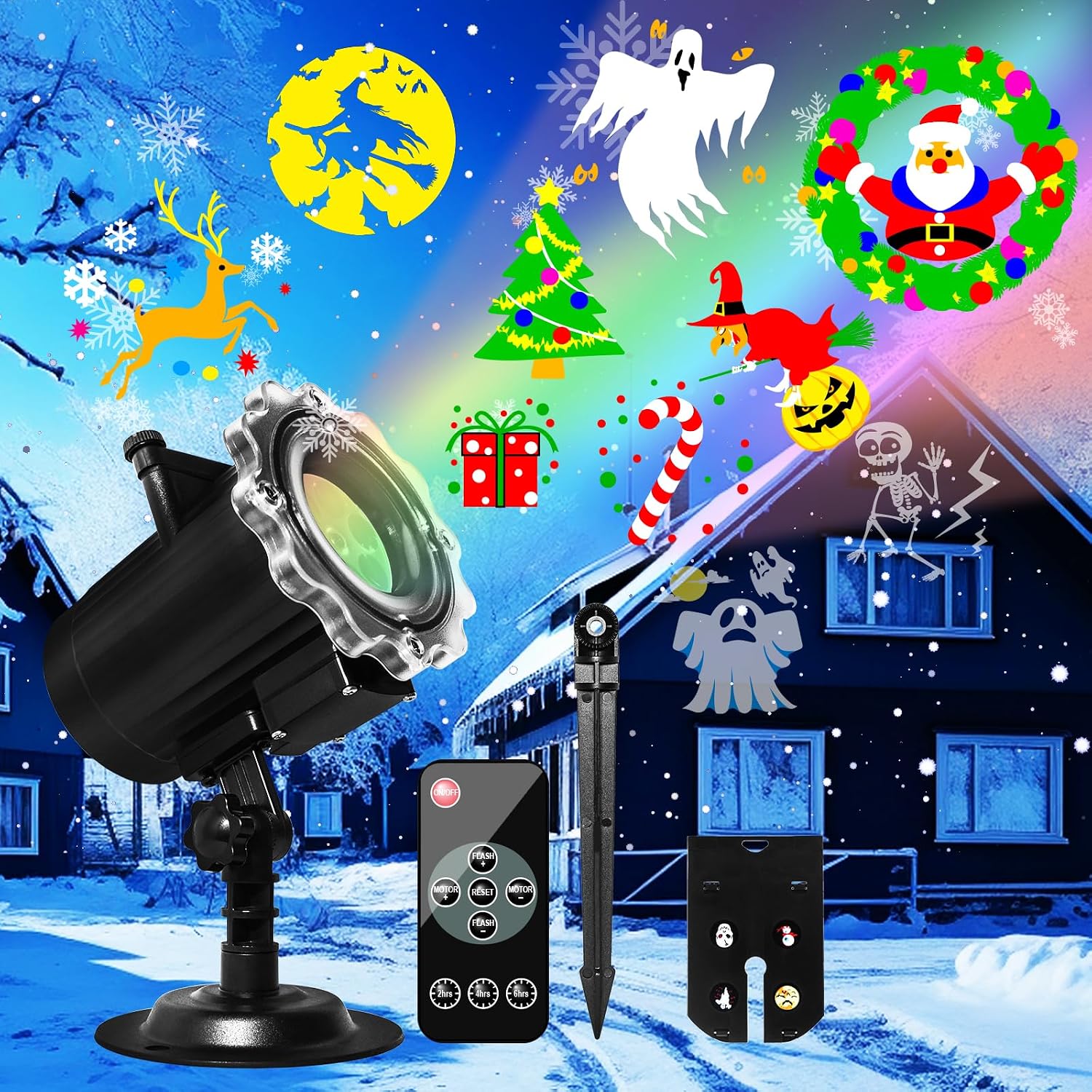 Christmas Decoration,MOSSNDAR Christmas Projector Light Outdoor,64 HD Patterns Holiday Projector Light with Remote Control,Waterproof Landscape Lamp Projector for Garden Patio Party New Year Xmas Gift