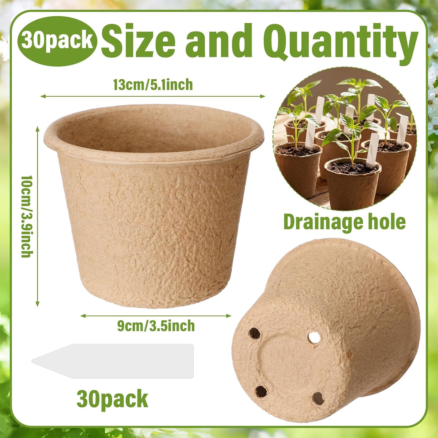 30 Packs 5" Large Biodegradable Seed Starter Pots Organic Planting Peat Nursery Pots with Drainage and Tags Garden Plant Nursery Seed Starting Trays for Seeding Germination