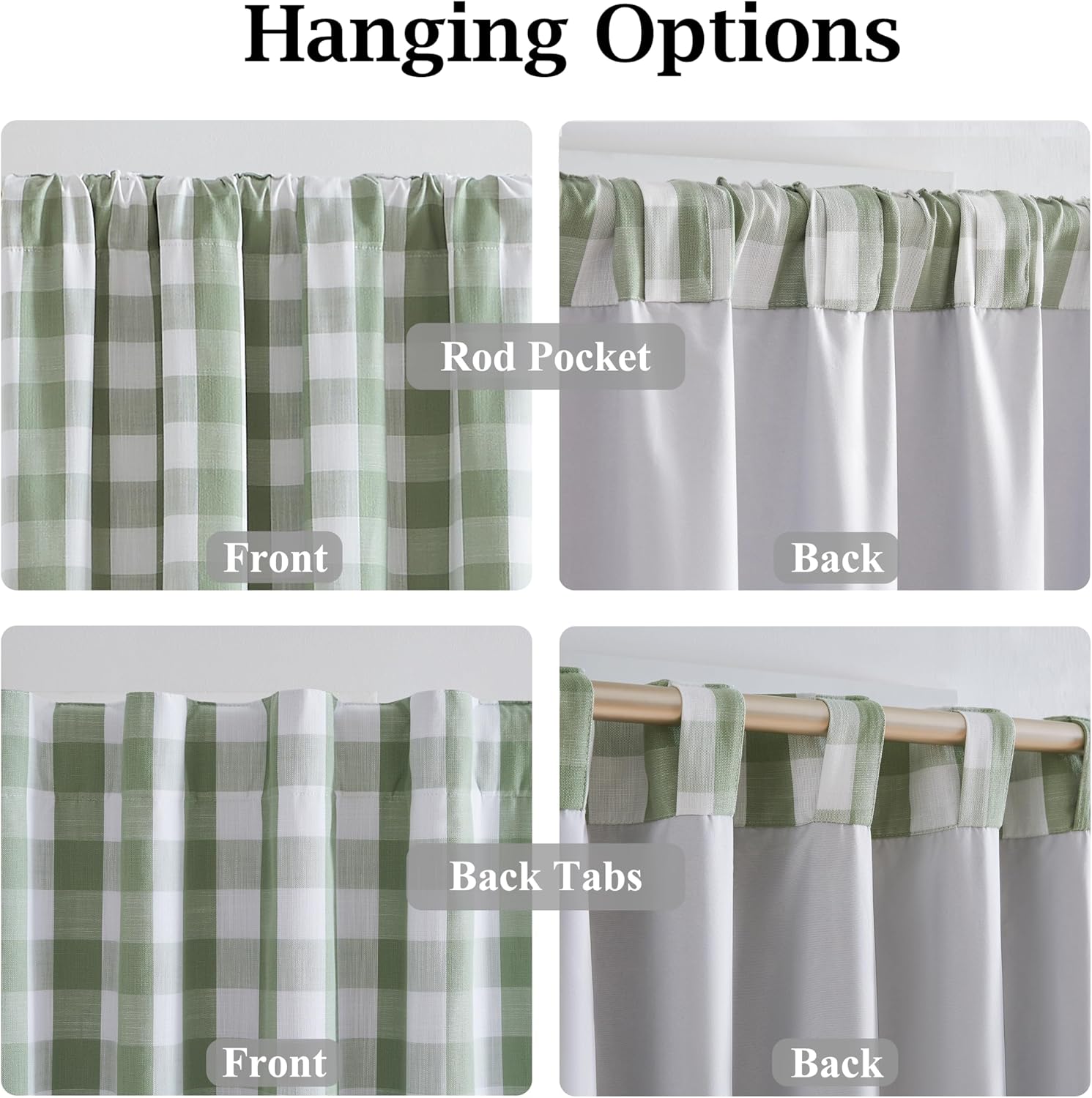 Short Farmhouse Buffalo Plaid Blackout Curtains with Liner,Sage Green Drapes for Bedroom Living Room,Energy Efficient Thermal Insulated Window Treatment,Rod Pocket Back Tabs,40" Wx63 Lx2