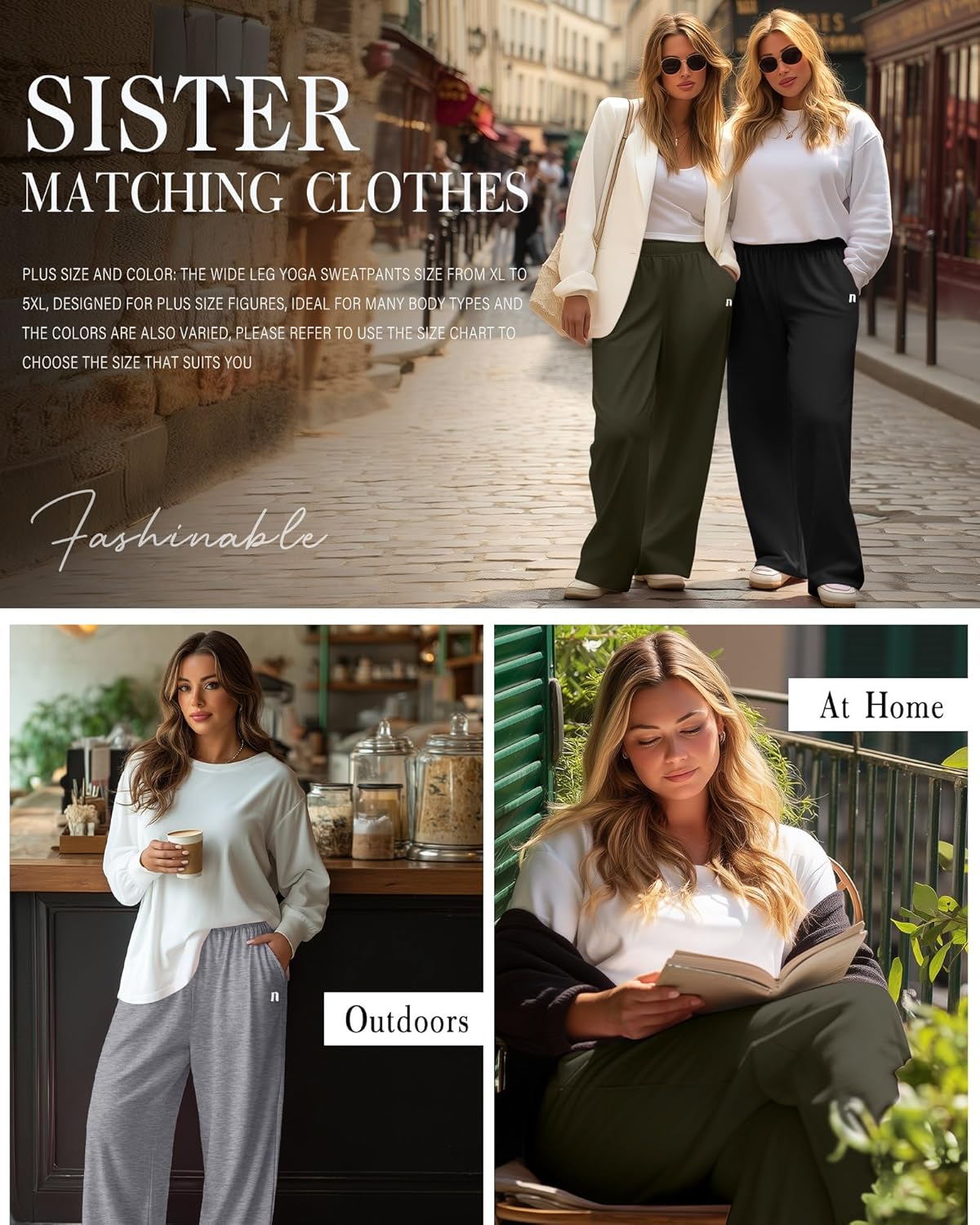 Neer 3 Packs Women's Plus Size Wide Leg Sweatpants High Waist Elastic Waistband Lounge Pants with Pockets - Image 4