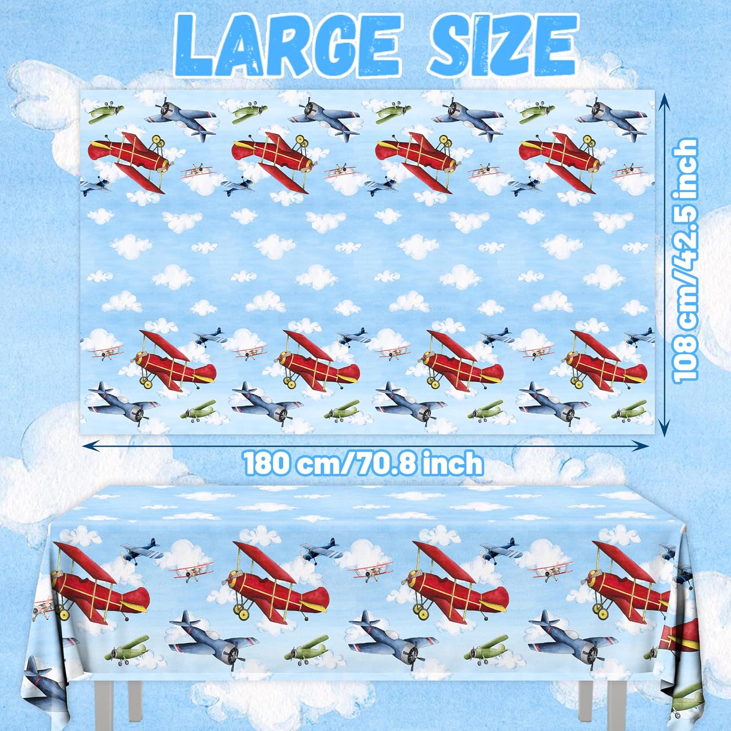 GREHUMOR 3pcs Airplane Party Decorations Airplane Party Tablecloth Supplies Disposable Plastic Helicopter Blue Sky White Theme Table Cover for Kids Birthday Favors - Image 3