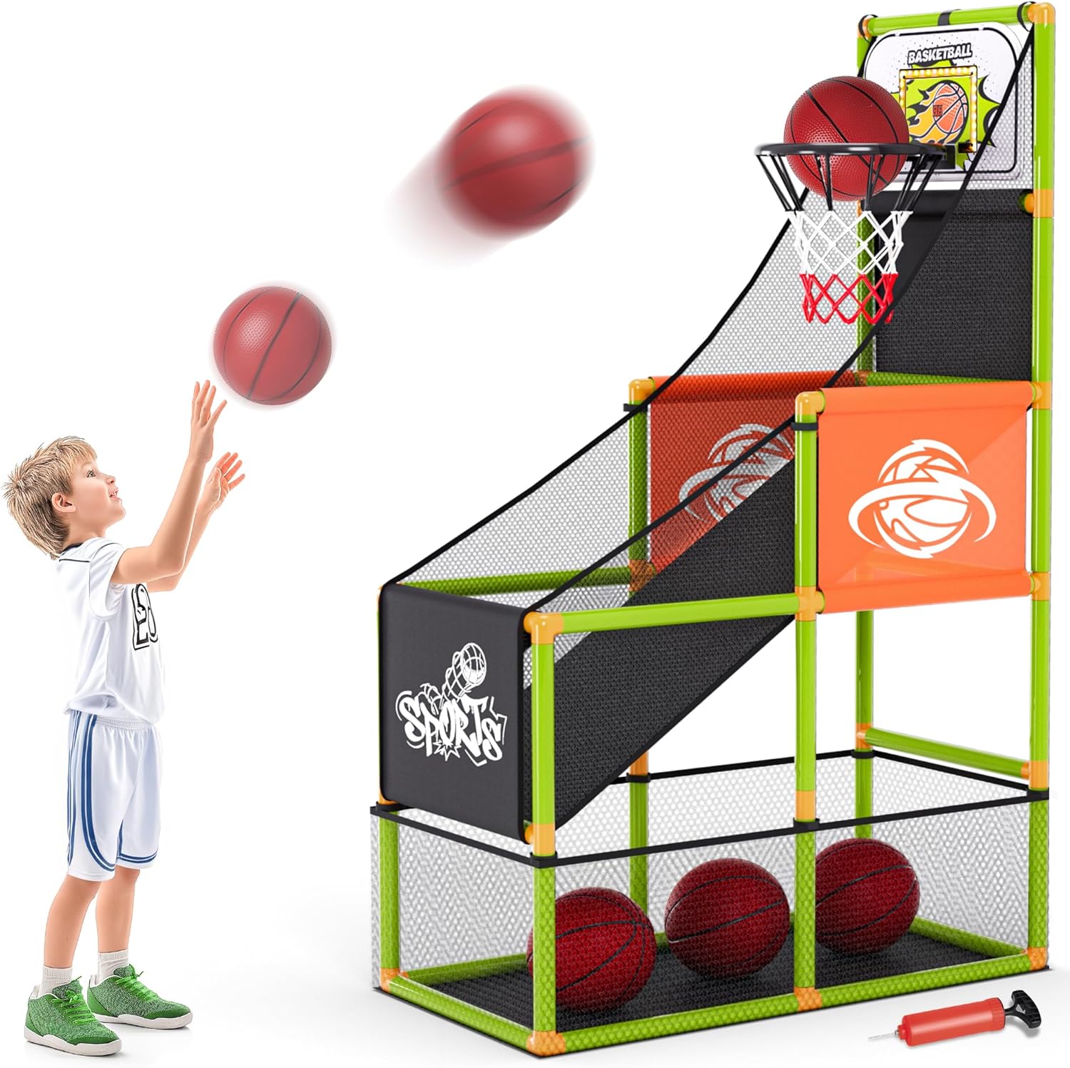 Arcade Basketball Game Set with Electronic Scoreboard&LED Light: Boy Toys Basketball Hoop Indoor Outdoor with 4 Balls & Air Pump Sports Carnival Games Christmas Birthday Gifts for Kids 3-12 Years Old Green Basketball Hoop & Scoreboard