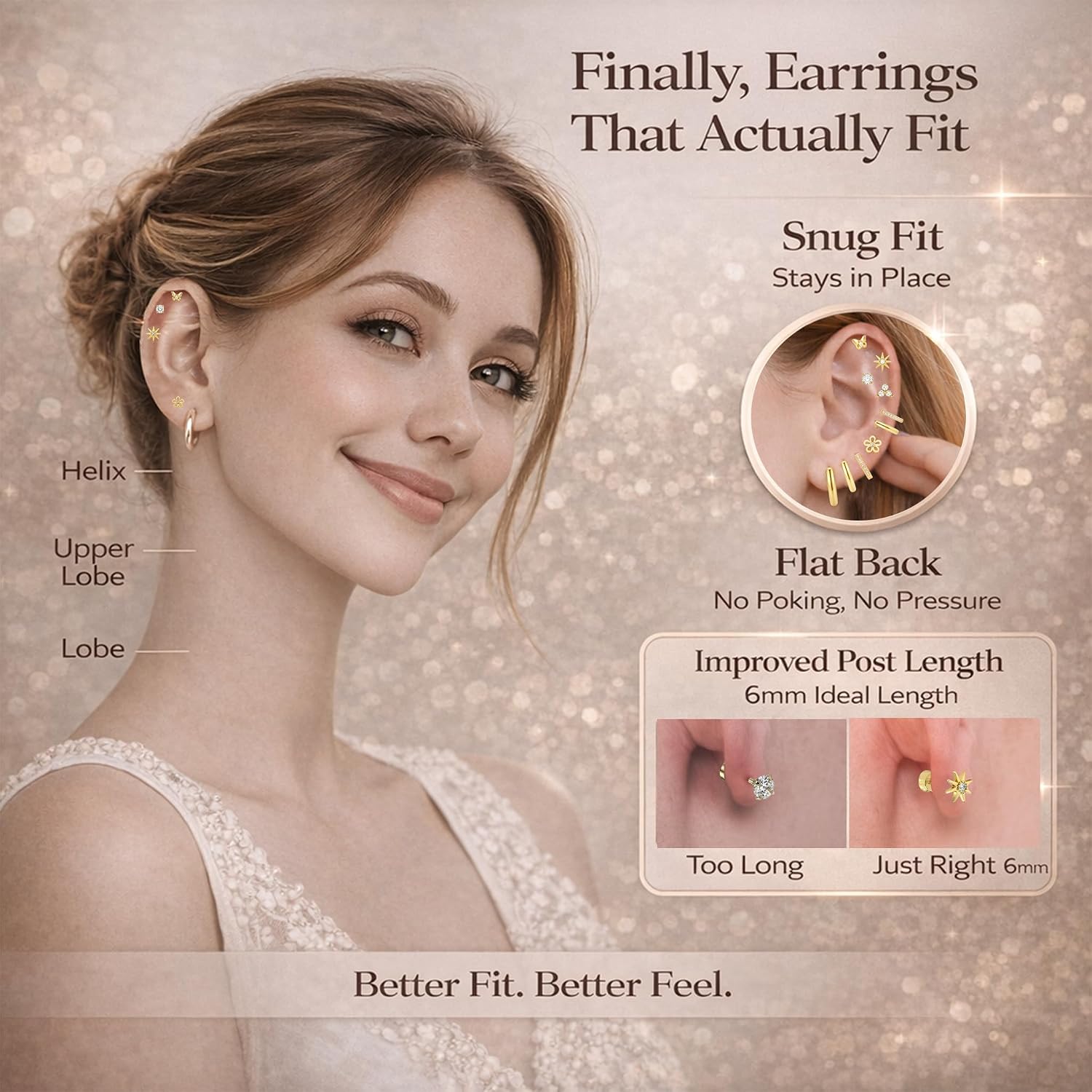 DEWEN Hypoallergenic Flat Back Earring Stacks for Women – Surgical Steel, Cartilage Helix Tragus Stud & Small Huggie Hoop, 10-Pair Gift Set, Lightweight Stackable for Multiple Piercings, Sleep Earrings