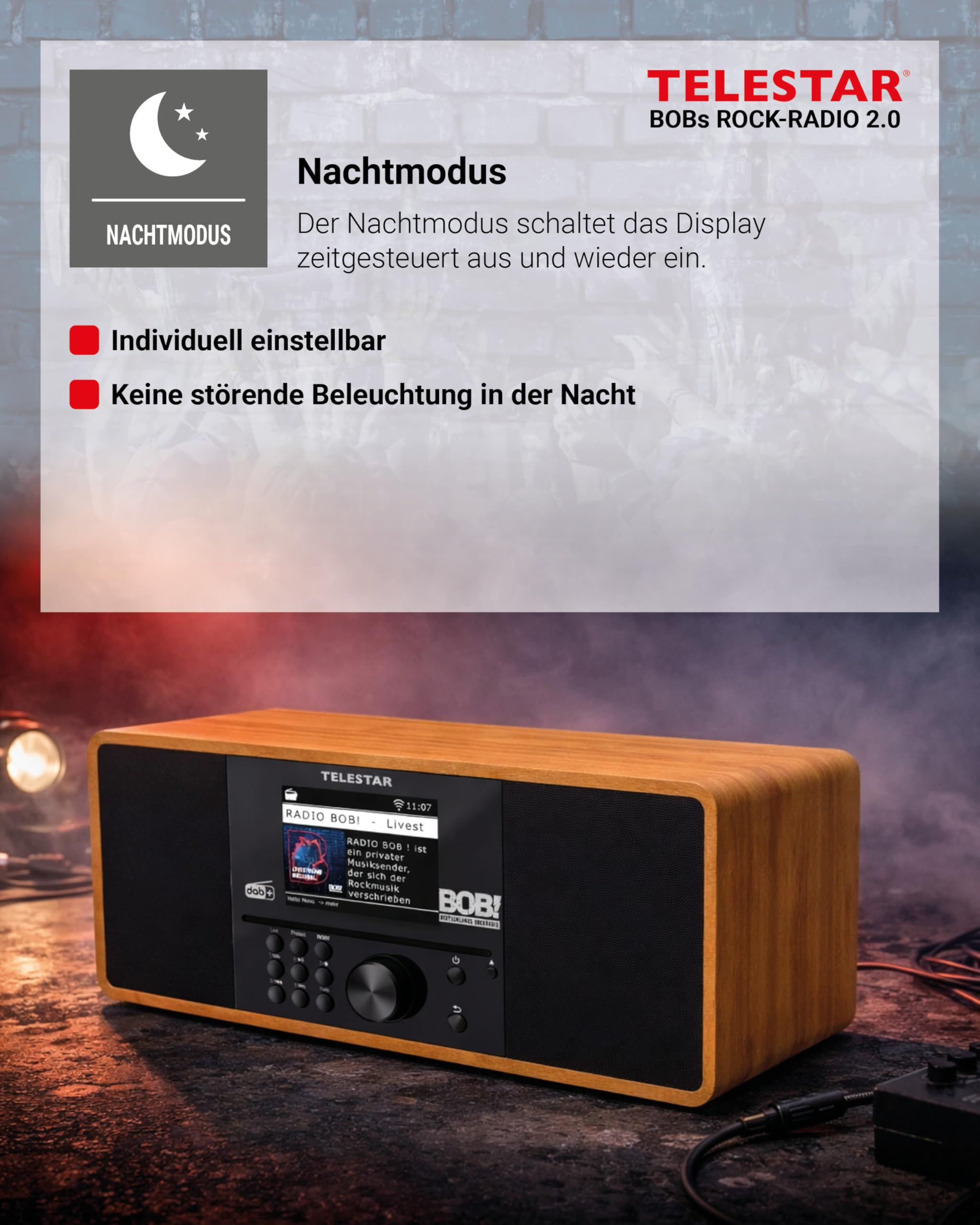 TELESTAR BOBs Rock Radio 2.0 – DAB+/Internetradio mit CD-Player – Holz | RADIO BOB! Sender vorinstalliert, Stereo, 2 × 15 W, Streamingdienste, Bluetooth Audio-Streaming & Sendefunktion, USB