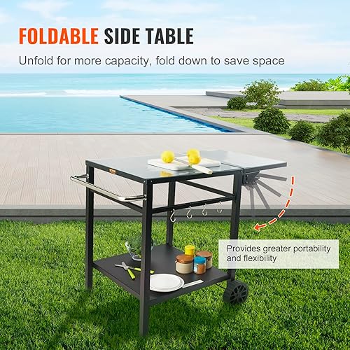 Vista 3 de VEVOR Outdoor Grill Dining Cart with Double-Shelf, BBQ Movable Food Prep Table, Multifunctional Foldable Iron Table Top, Portable Modular Carts for