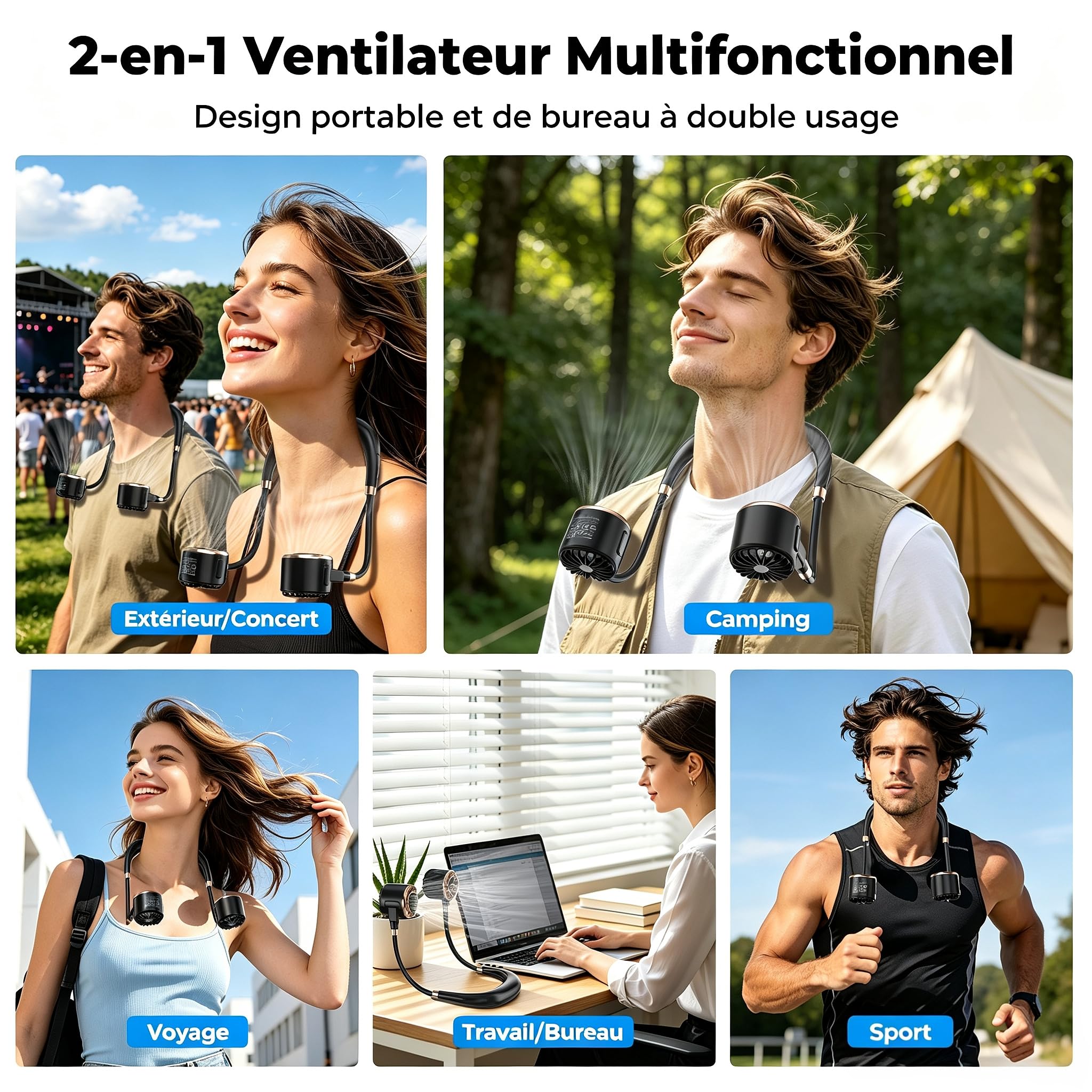 Ventilateur de Cou, 4000mAh USB Ventilateur de Cou Portable avec 6 Vitesses, Ventilateur Cou à Double Tête & Flux d’Air 360°, Ultra-Léger, Mains Libres pour Bureau, Voyage, Trajet, Extérieur, Cuisiner