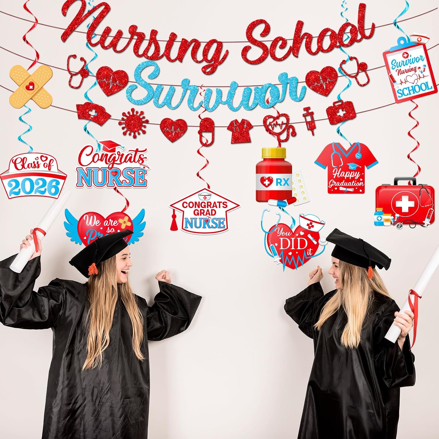 Glitter Nursing School Survivor Banner with Class of 2026 Graduation Hanging Swirls Streamers Nursing Graduation Party Supplies Nurse Grad Photo Props for RN/BSN Nurse Grad Decorations