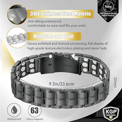 Miniatura 2 de KGP Pulsera magnética 3X Strength para hombres con imanes curativos de 3800 Gauss, pulsera magnética ajustable de acero inoxidable 316L para el