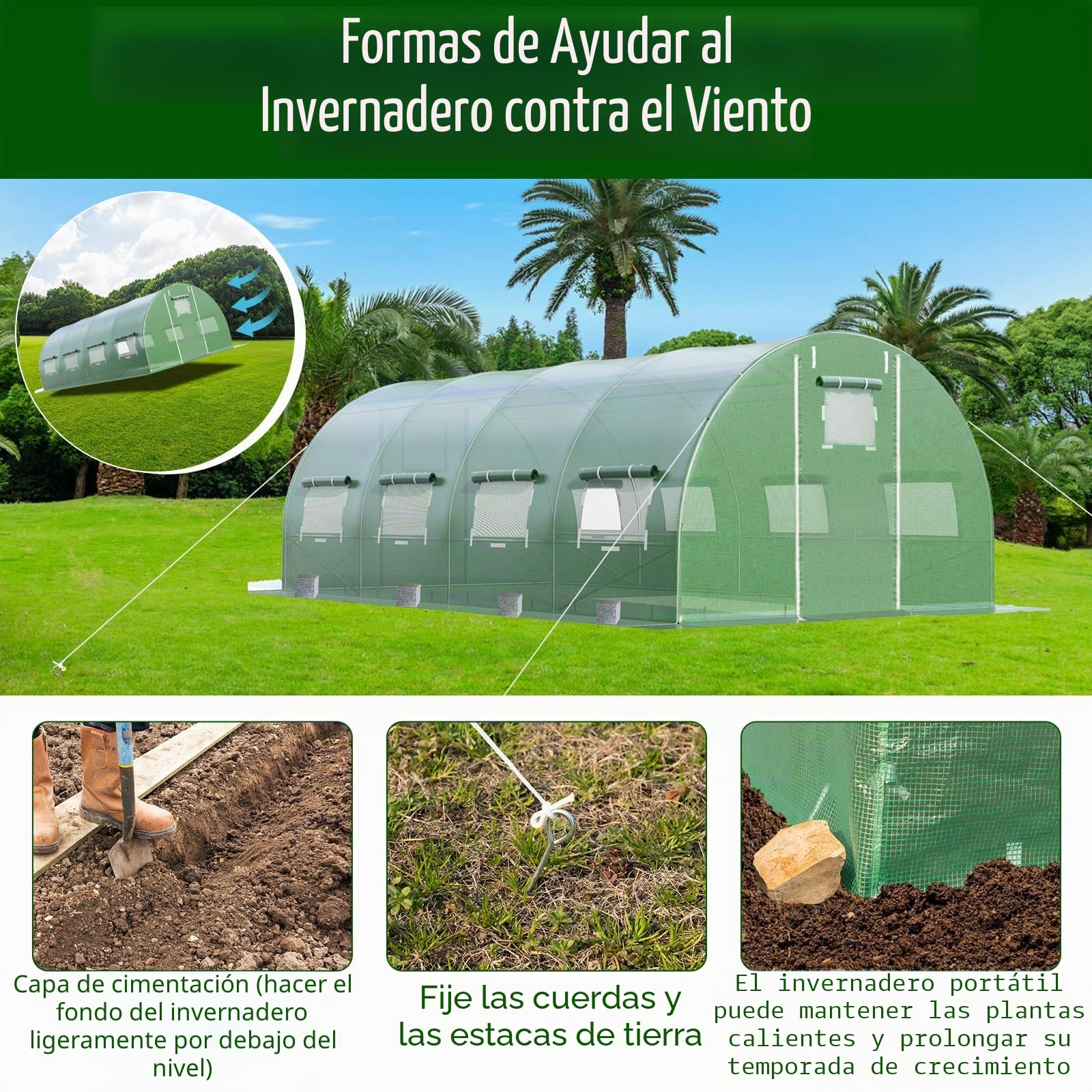RELAX4LIFE Invernadero de jardín, 18 m², Invernadero túnel de jardín 6x3x2m con Marco de Acero galvanizado, 2 Puertas y 10 Ventanas enrollables, Funda de PE para Verduras, Frutas, Flores