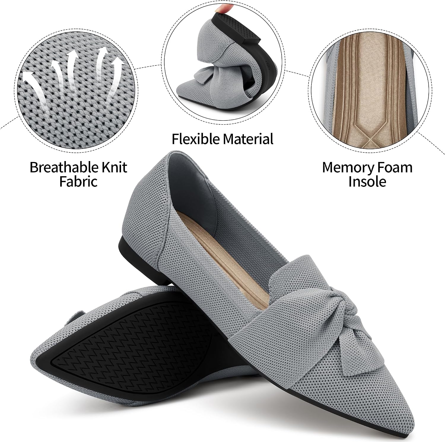 HARENCE Ballet Flats for Women Pointed Toe Breathable Knit Walking Shoes Soft Bow Foldable Comfortable Dressy Flats for Business Office Work