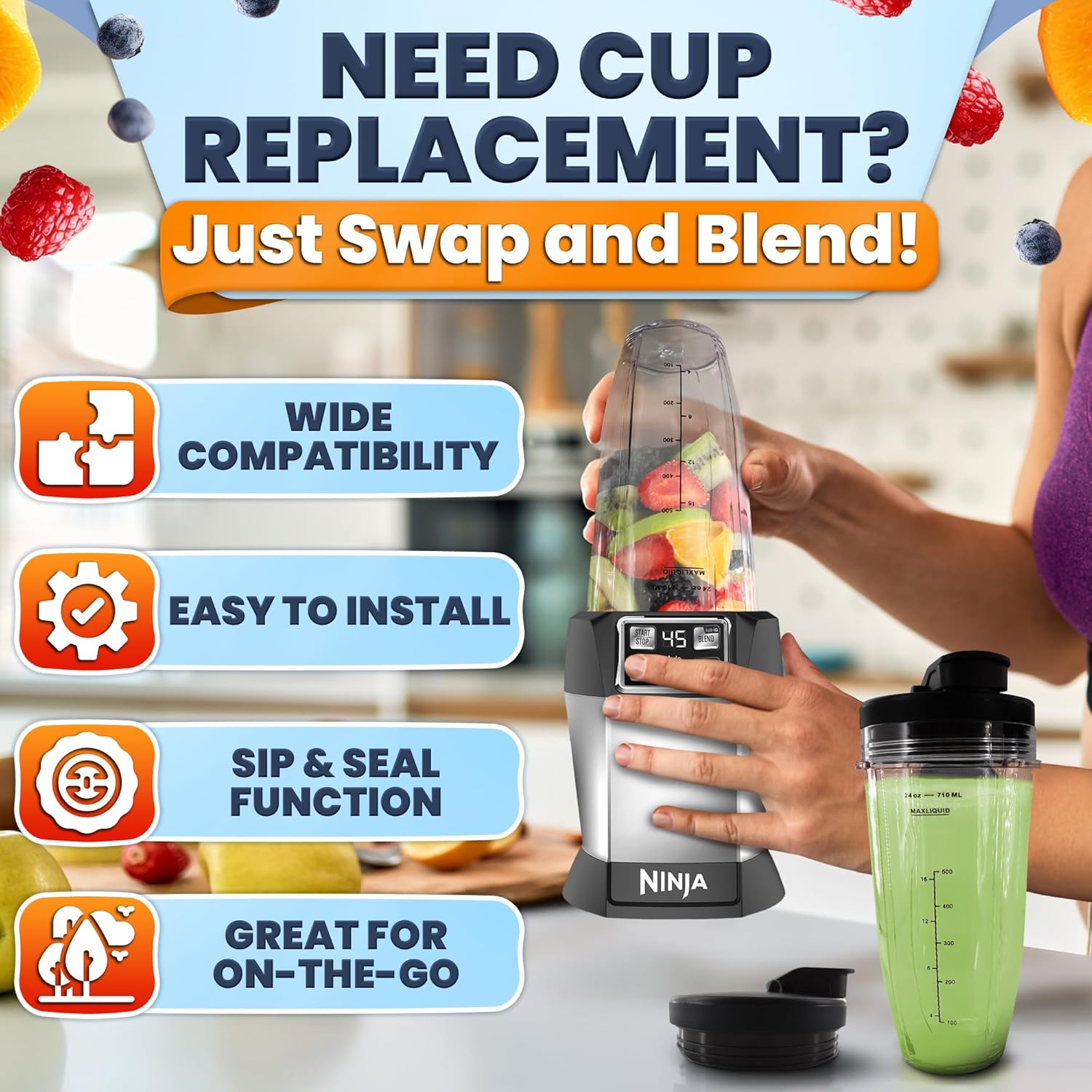 2 PCs Ninja Replacement Cups 24 Oz & 7 Fin Male 4" Ninja Blender Blade Replacement - Ninja Bullet Replacement Cups Compatible with Auto-iQ Series SS101/151/401 and More – Durable Twist-On Design