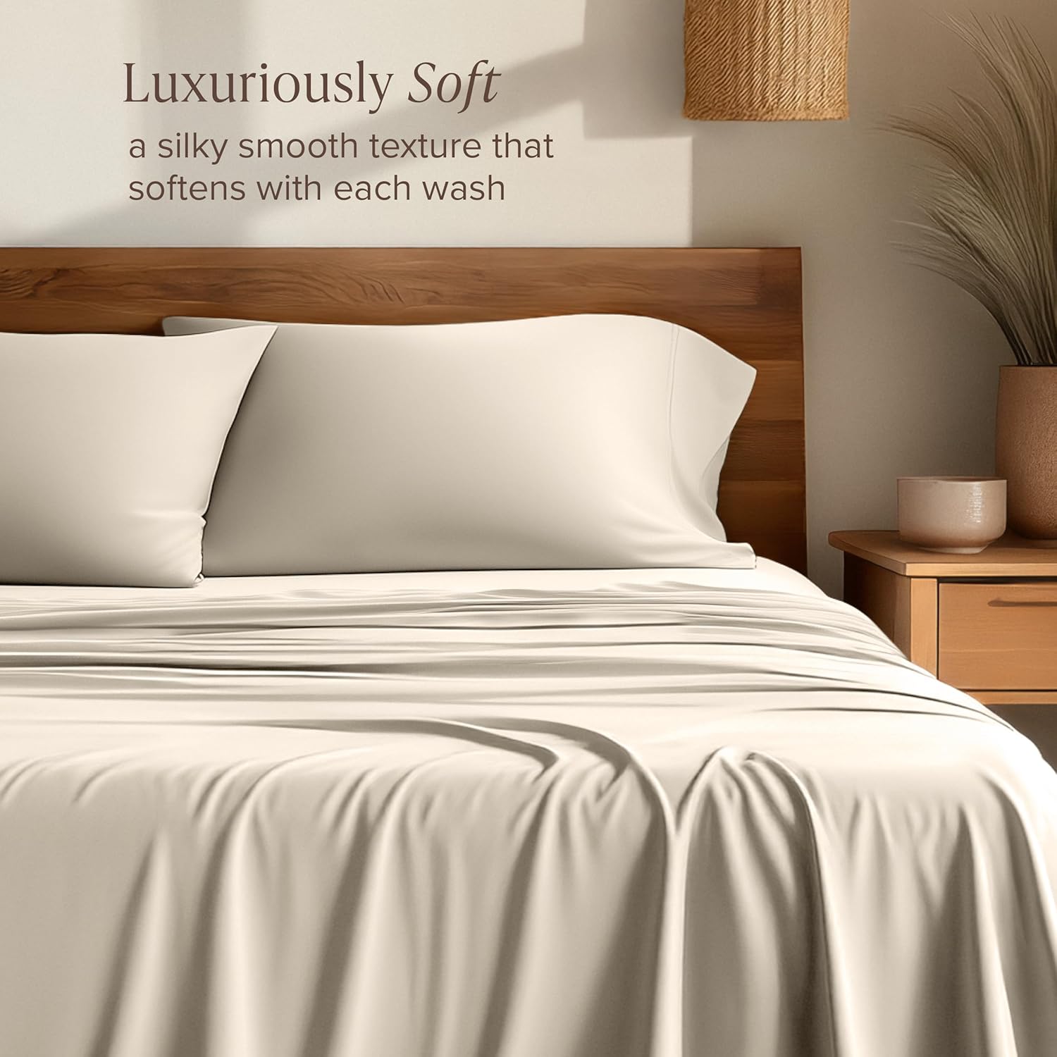 Bare Home 100% Rayon Made from Bamboo Split Head Flex King Sheet Set - 4 Piece Bedding Set - Deep Pockets - Breathable - Easy Fit - Bedding Sheets & Pillowcases (Split Head Flex King, Sand)