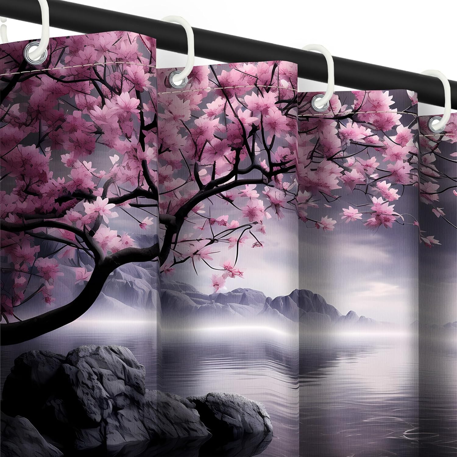 Japanese Shower Curtain Asian Cherry Blossom Bathroom Decor Mountain Bath Curtain, Waterproof Cloth Fabric with Hooks, 70 x 78 inch
