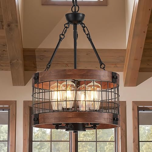 Miniatura 19 de Lámpara colgante de tambor de granja de 4 luces, 12.6 pulgadas, textura de madera natural, candelabros rústicos vintage, lámparas colgantes 12.6in-4