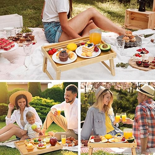 Miniatura 7 de Moretoes Bandeja de cama para comer, bandeja de desayuno de bambú con patas plegables ajustables y soportes para teléfono para sofá, laptop,