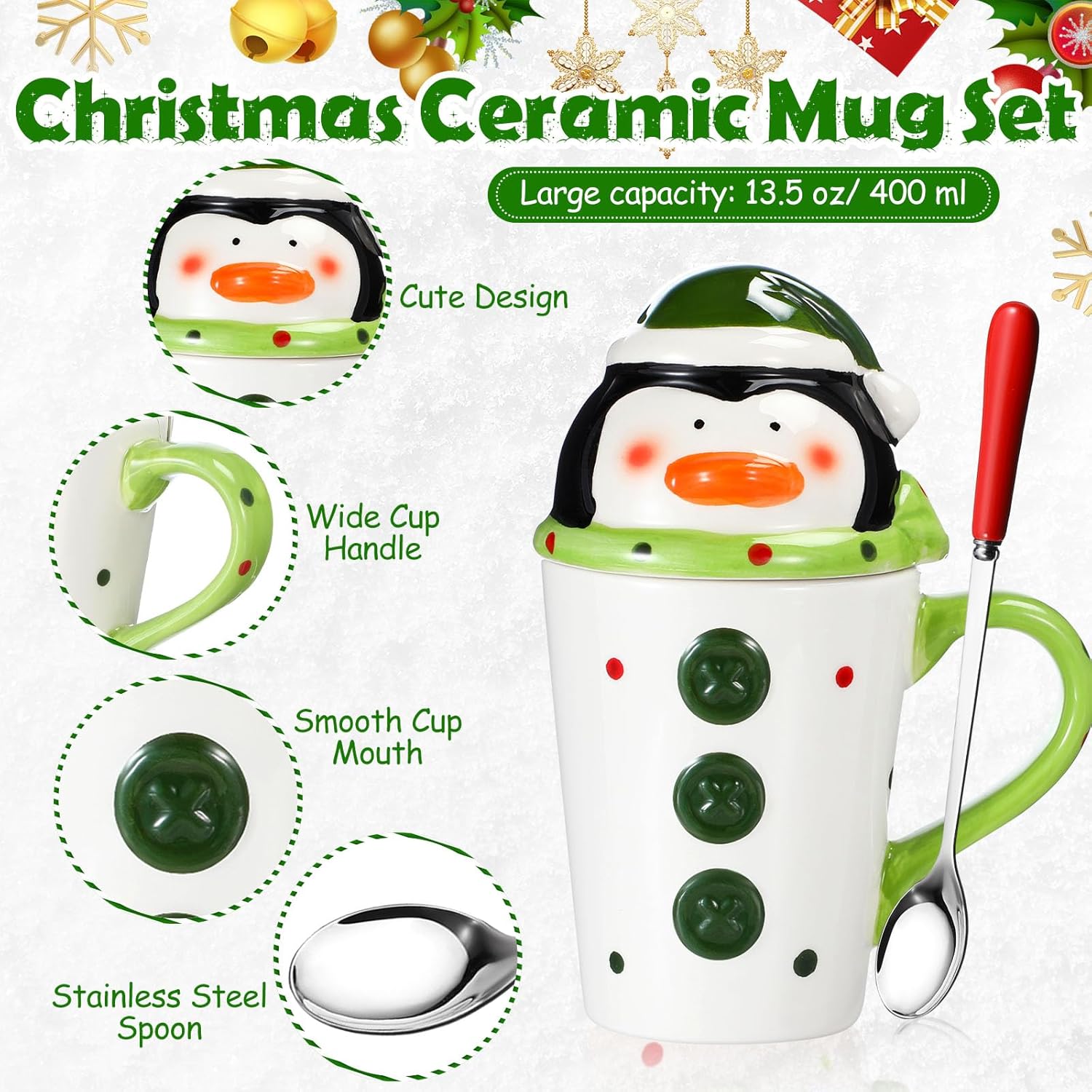 Sliner 4 Pcs Christmas Penguin Gifts Set Include Ceramic Penguin Coffee Mugs with Lid Red Spoon Mini Xmas Keychain Cute Winter Fuzzy Socks Thank You Birthday Christmas Gifts for Women Men