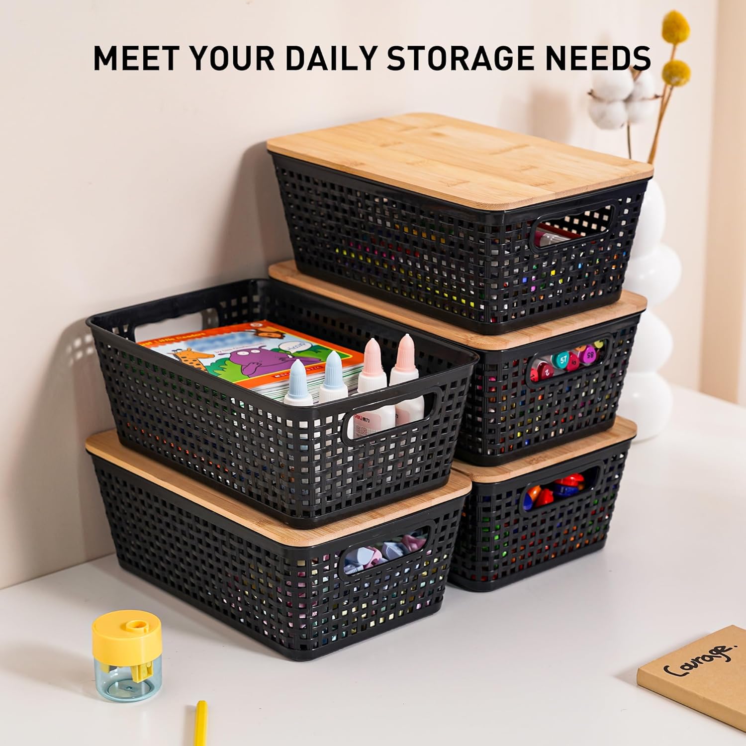 Storage Bins with Lids 6 Packs, Plastic Storage Bins with Bamboo Lids for Pantry Organization and Storage Containers for Shelves Drawers Desktop Closet Office Home, Black - Image 3