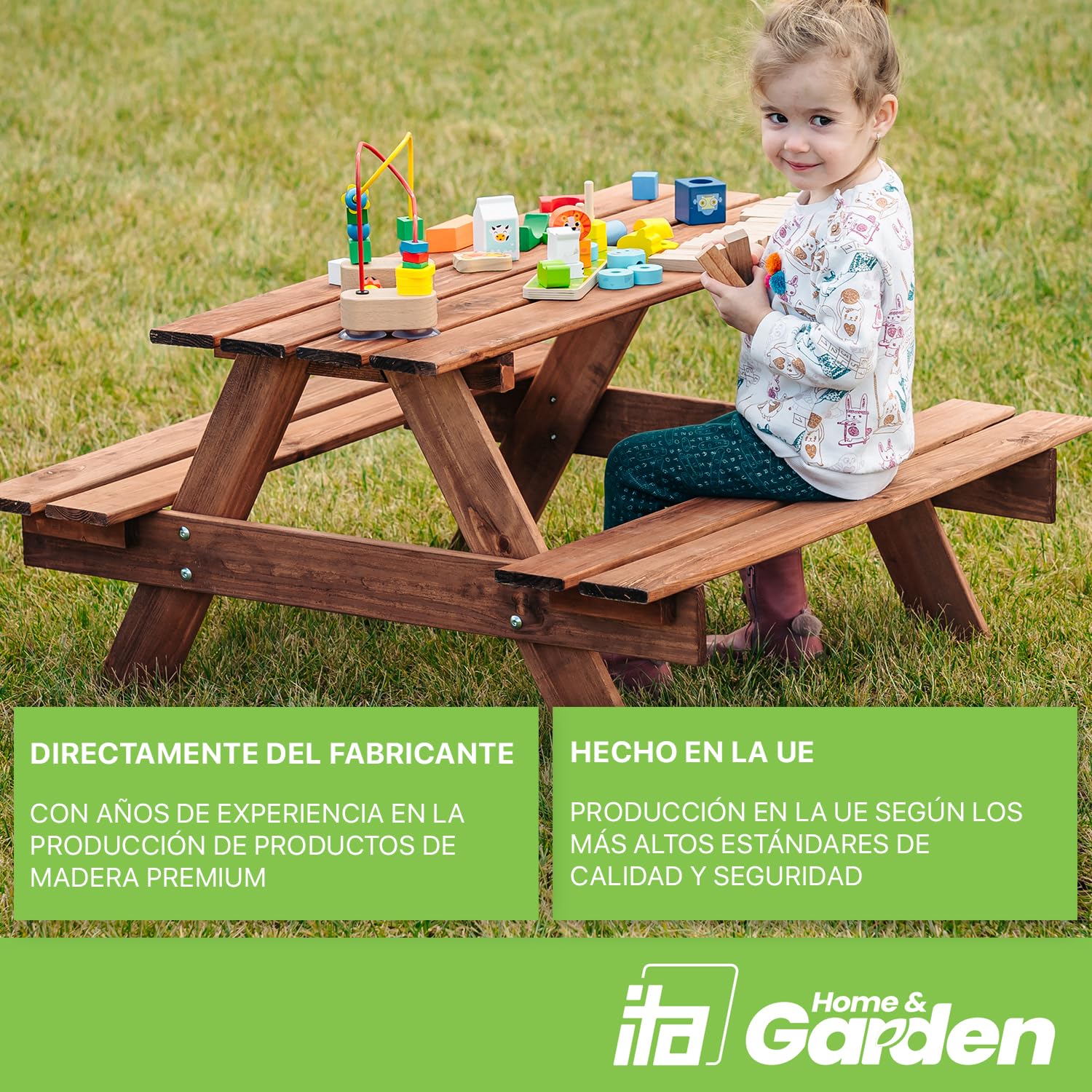 ITA Mesa de Picnic Infantil - Mesa de Madera con 2 Bancos para Niños - calidad directa del Fabricante - hecho en la UE - gris