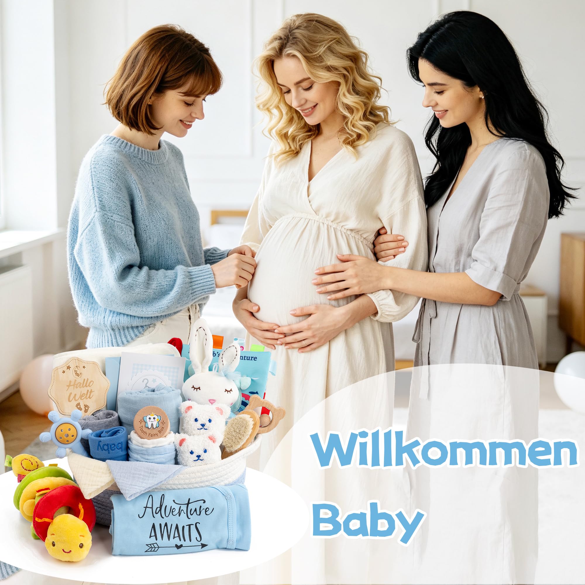 Neugeborenen Geschenk 24-teiliges，Baby zubehör, Strampler, Schnuffeltuch, Rassel & Karte，Geschenk zur Geburt für Babys (Blau)