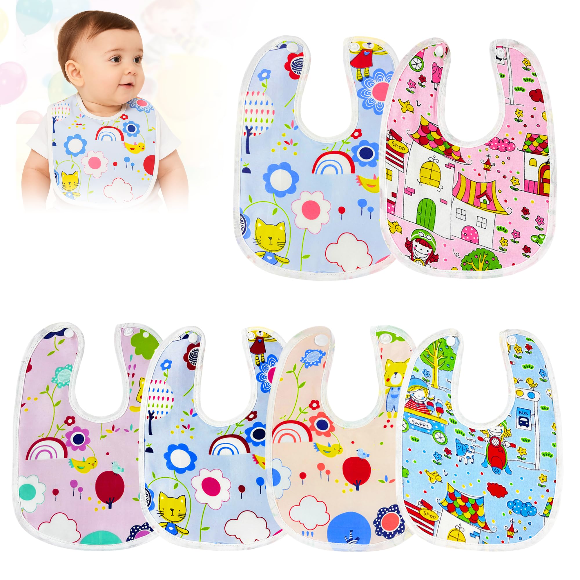 GLUN® 6 Piece Feeding Bibs Set for Newborn Babys, Toddlers Aged 8-36 Months, Pack of 3 Cute Print Baby bibs, Waterproof, Adjustable, Washable