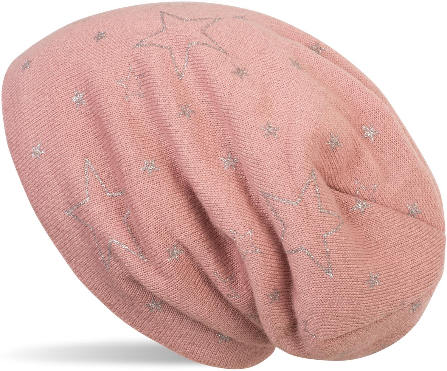 Stylebreaker Women's Old Rose Warm Fine-Knit Beanie Hat With Glittering Metallic Star Print, Fleece Lining, Slouch Long Beanie, 04024125, Colour:
