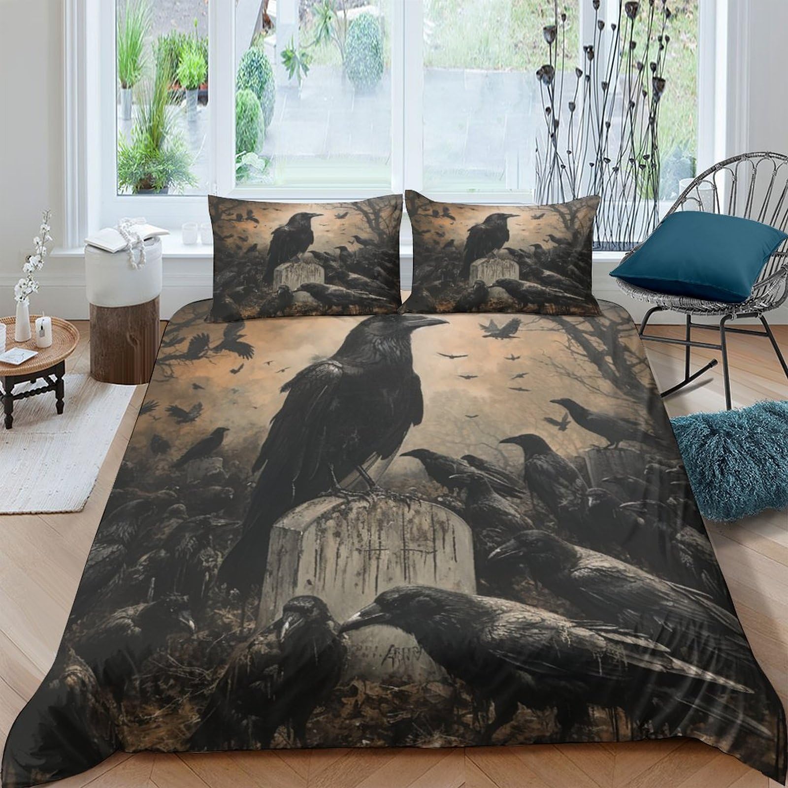 OPANZYYDE Crow Duvet Cover 3 PCS Hotel Quality Quilt Cover Bedding Sets Bed Covers with Pillowcases with Zipper Closure Breathable Stylish Comforter Double（200x200cm）