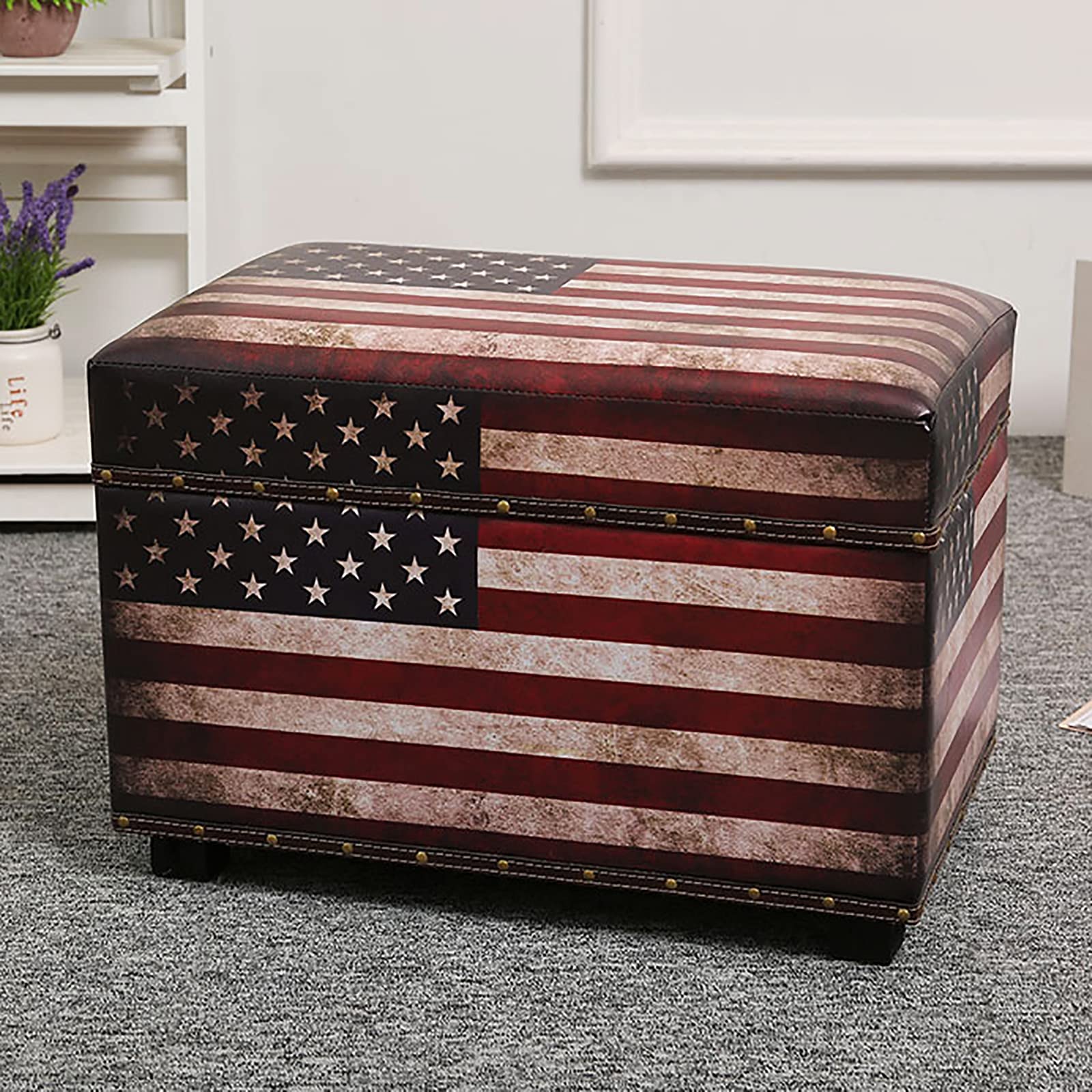 SXZenSpace Country Style Storage Ottoman Bench,Faux Leather Upholstered Bench Seat Farmhouse Bench,Livingroom Entryway Rectangular Shoes Changing Stool Chest-F 55x32x40cm(22x13x16inch)