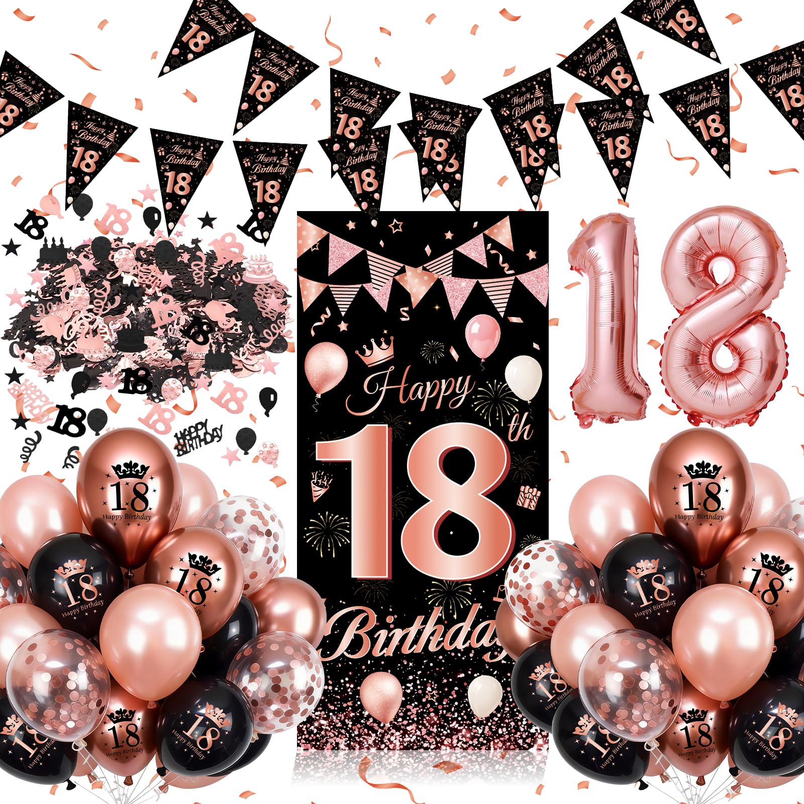 Geburtstag Deko Mädchen Schwarz & Rosegold, Set mit Langem Banner, Happy Birthday Dekorationen Banner, Konfetti, Luftballons – Geburtstagsdeko für Geburtstagsparty