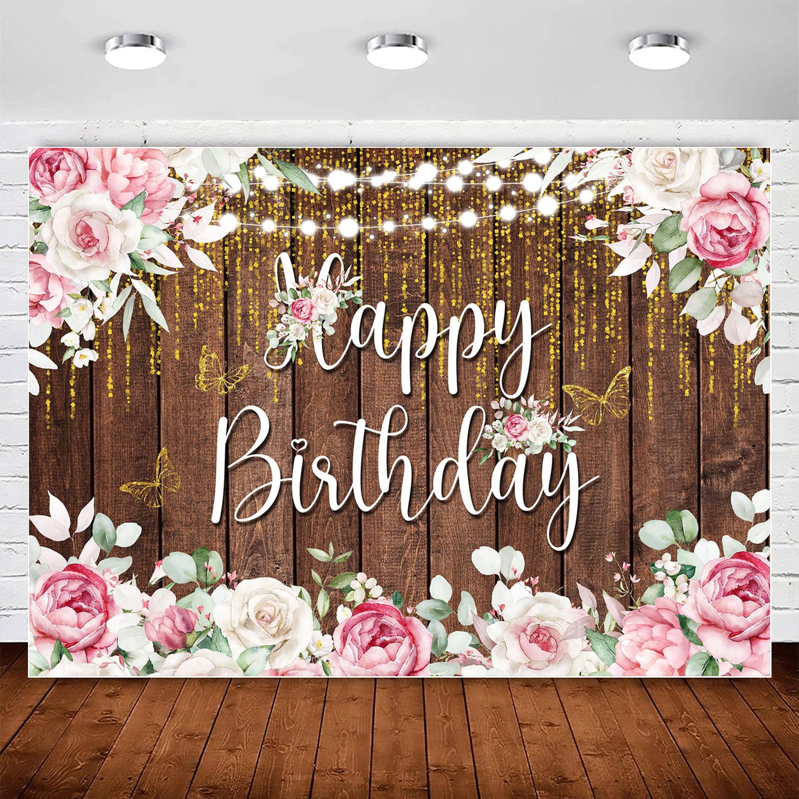 InMemory Rustic Wood Floral Birthday Backdrop Women Birthday Party Decorations Glitter Gold Butterfly Pink Flower Happy Birthday Photography Background Girl Bday Banner Sign Photo Booth Supplies 7x5ft