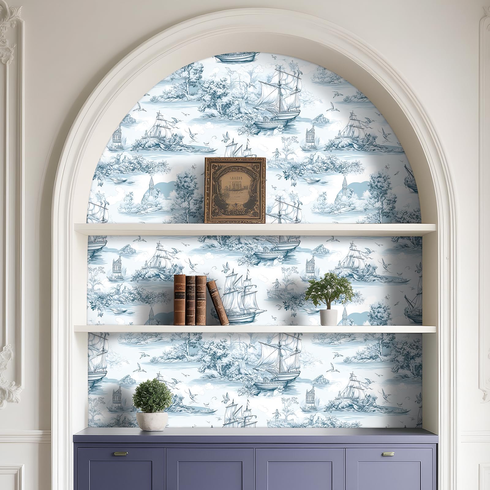 ReWallpaper 44.5CMx7M Sailboat Blue Wallpaper Toile De Jouy Peel and Stick Sticky Back Plastic Patterned Waterproof Bathroom Wallpaper Blue Pattern Sea View Tree Bedroom Wall Paper - Image 4