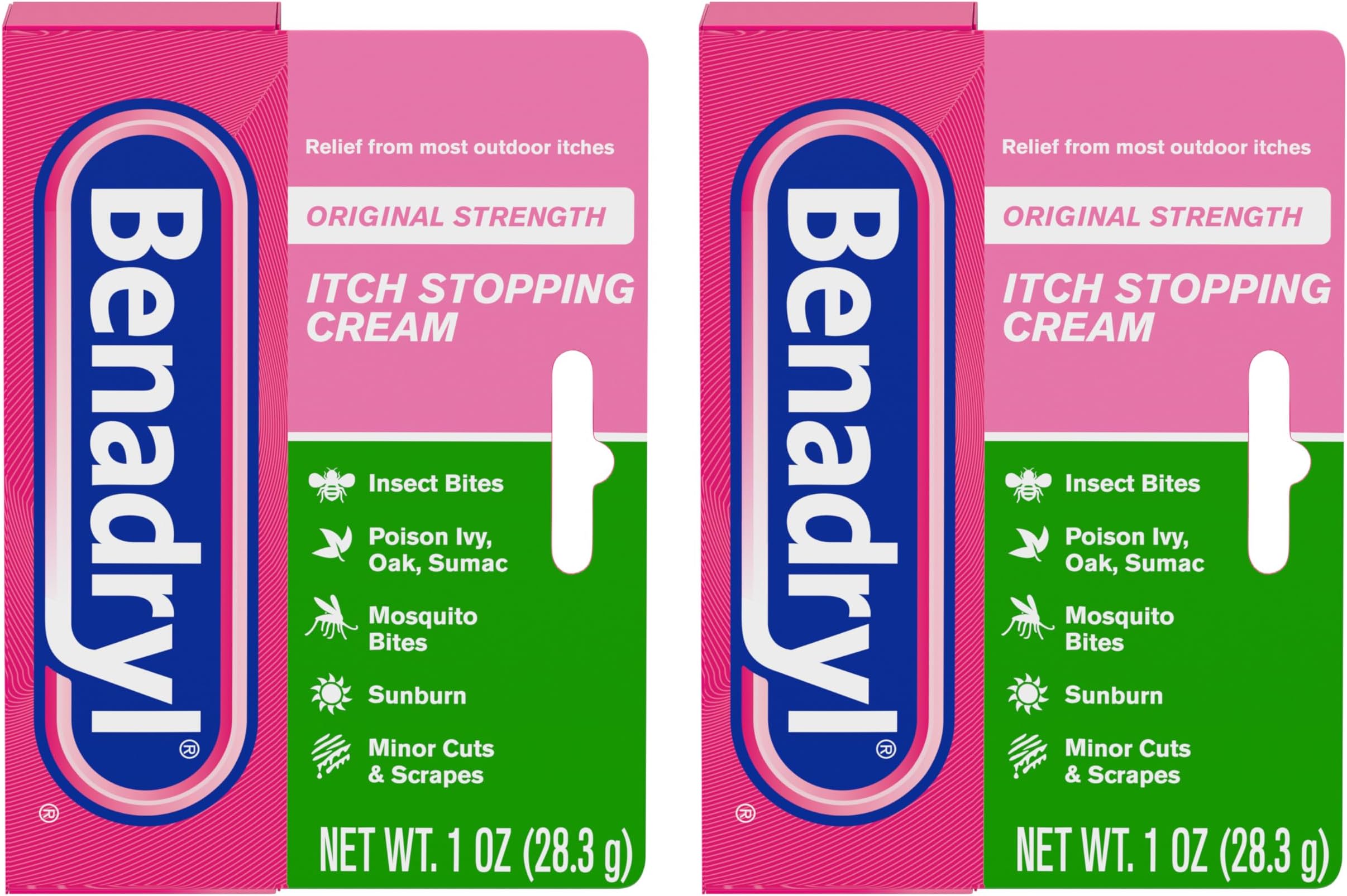 Benadryl Original Strength Anti-Itch Cream, Bug Bite Itch Relief, Diphenhydramine HCl Topical Analgesic & Zinc Acetate Skin Protectant, Great for Camping Essentials, 1 oz, 2 Pack