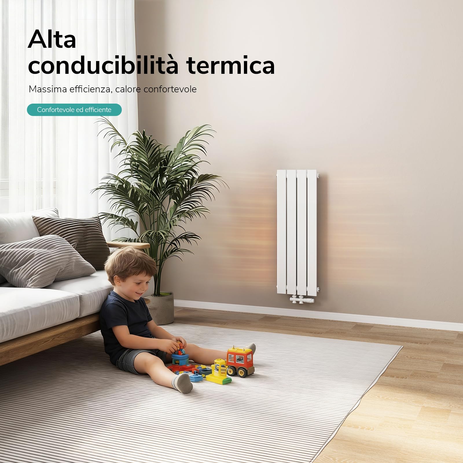 EMKE Radiatore ad acqua calda 90x30 cm, Radiatore piatto a monostrato con attacco centrale, Design montaggio verticale a parete, termoarredo verticale, Bianco