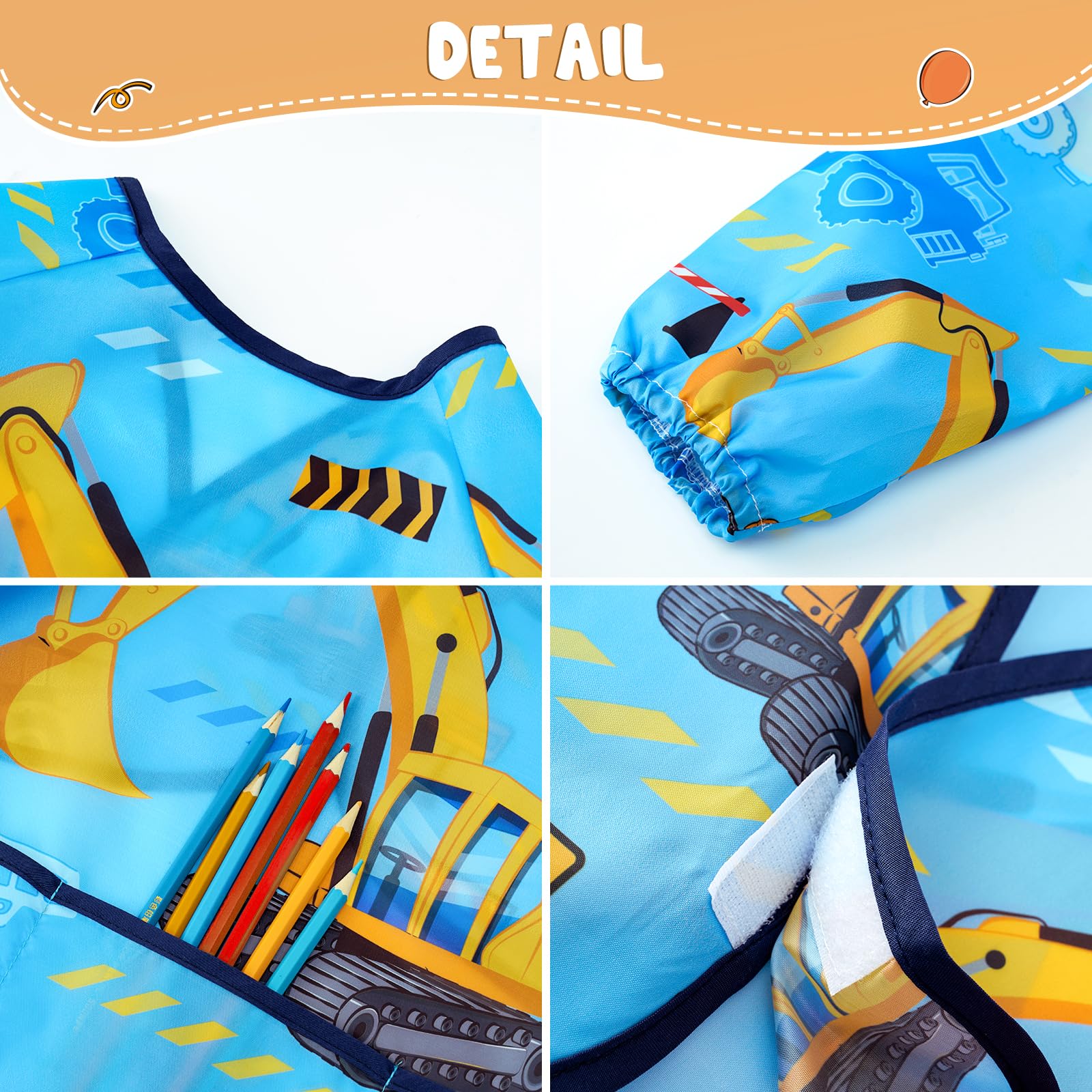 WERNNSAI Truck Art Smock for Kids- Kids Aprons for Girls Waterproof Toddler Art Smock Painting with Long Sleeve and 3 Pockets Little Boys Painting Eating Cooking Baking Gardening Water Play Apron - Image 3