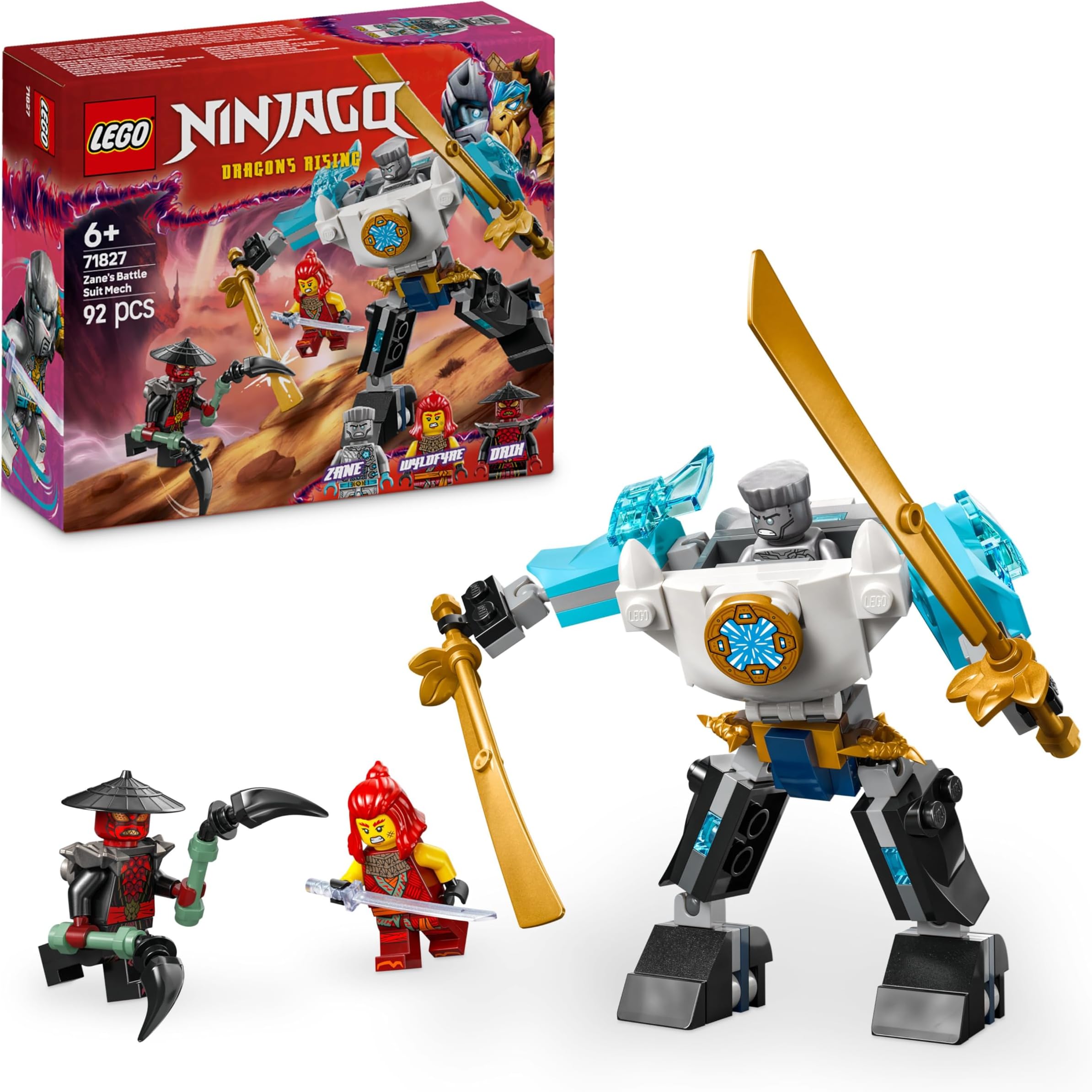 LEGO NINJAGO Zaneโs Battle Suit Mech - Ninja Toy with 3 Minifigures - Dragons Rising Role-Play Set - Birthday Gift Idea for 6 Plus Year Old Boys & Girls 71827