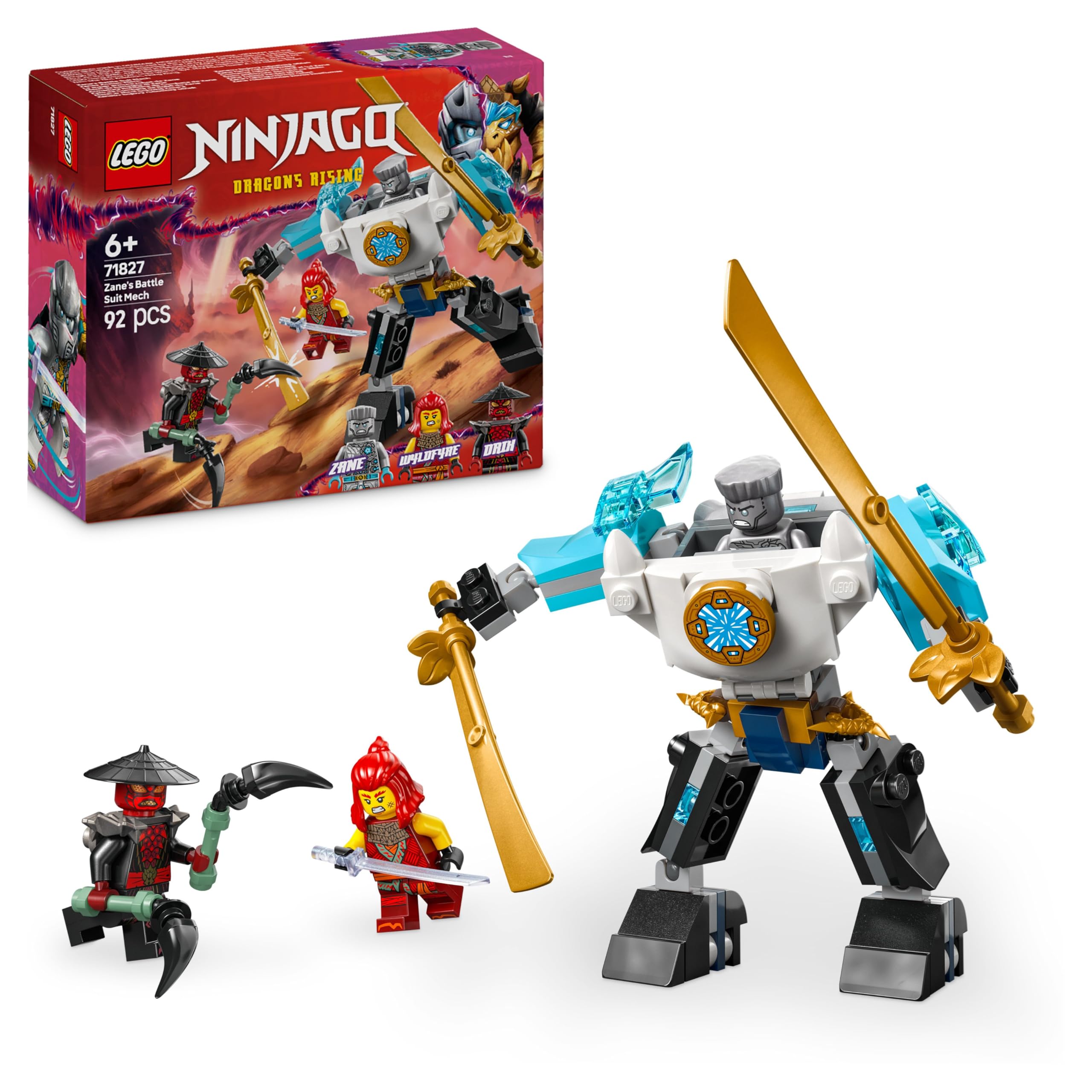 LEGONINJAGO Zane’s Battle Suit Mech - Ninja Toy with 3 Minifigures - Dragons Rising Role-Play Set - Birthday Gift Idea for 6 Plus Year Old Boys & Girls 71827