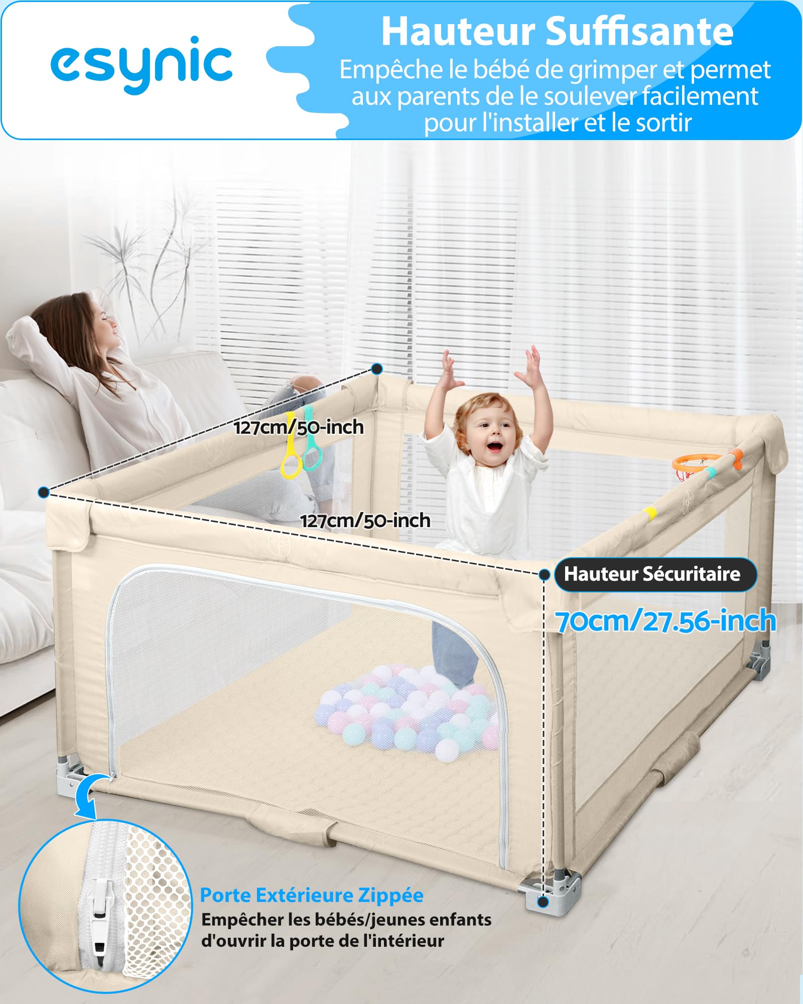 eSynic Parc Bébé Pliable 127 × 127 cm avec Tapis Sac de Rangement Balle Océanique Panier de Basket Parc de Jeux Bébé Portable Usage Intérieur et Extérieur Maille Respirante Tissu Oxford 210D -Beige
