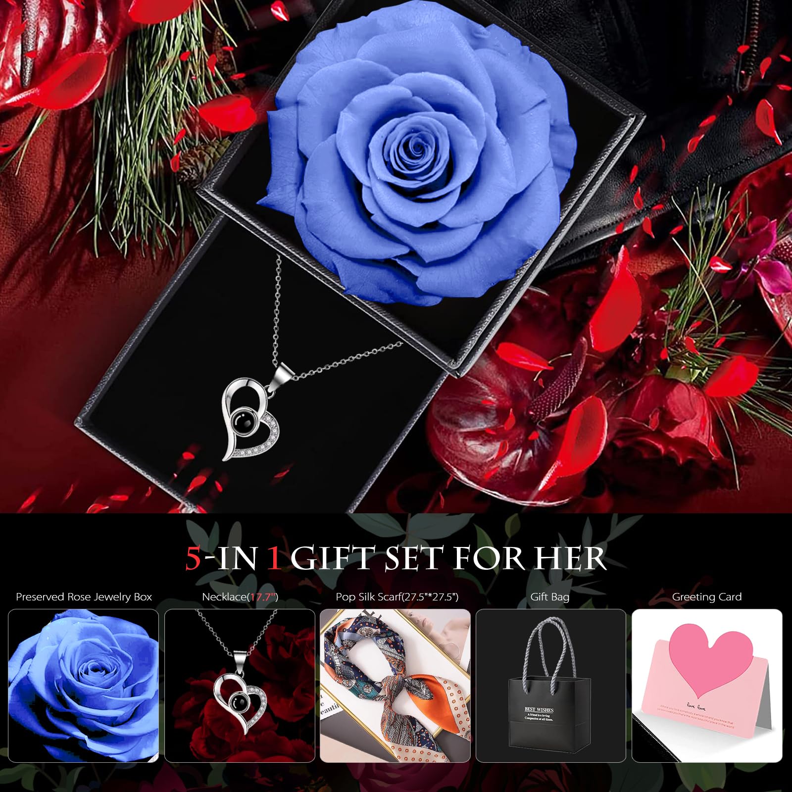 GOICC Idea Regalo per lei, Rosa eterna con i Love You, Collana con Violette Rosa, Confezione Regalo per la Festa della Mamma, Compleanno, Anniversario, Regalo per Mamma, Fidanzata, Moglie