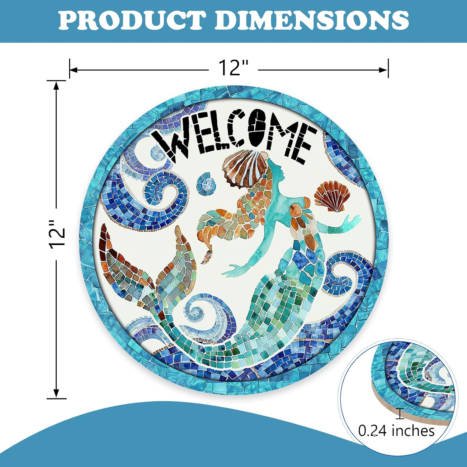 Beach Coastal Mermaid Welcome Front Door Sign, Nautical Ocean Mosaic Art Wood Plaque Hanger Outdoor Outside Porch Home Decor, Summer Sea Wave Shell Wooden Wreath Indoor Wall Hanging Decoration
