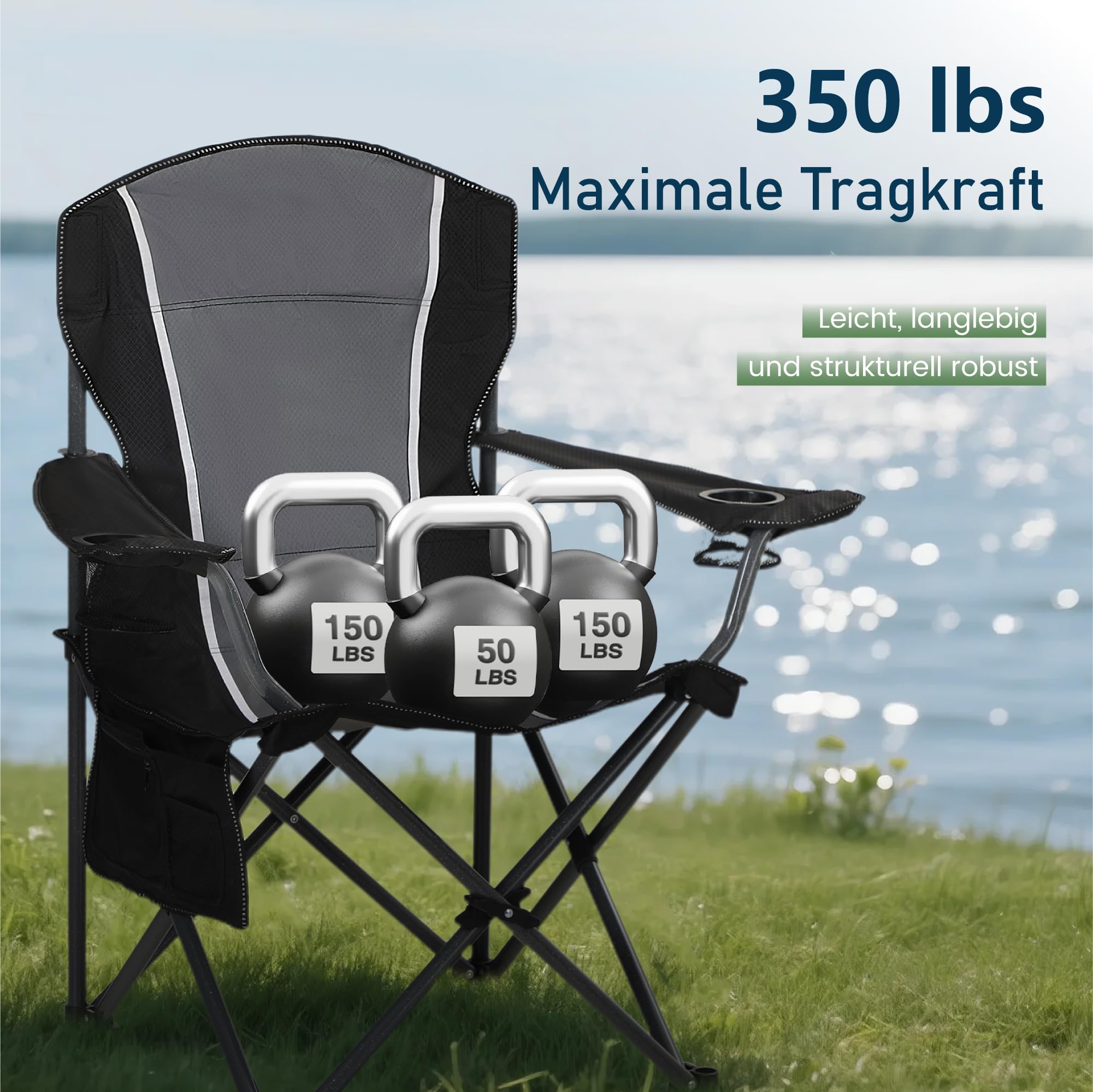 HIGH POINT SPORTS Campingstuhl Faltbar Angelstuhl Klappbar 160 kg Belastbar Klappstuhl mit Armlehne Getränkehalter Stahlrahmen Tragbar Campingsessel