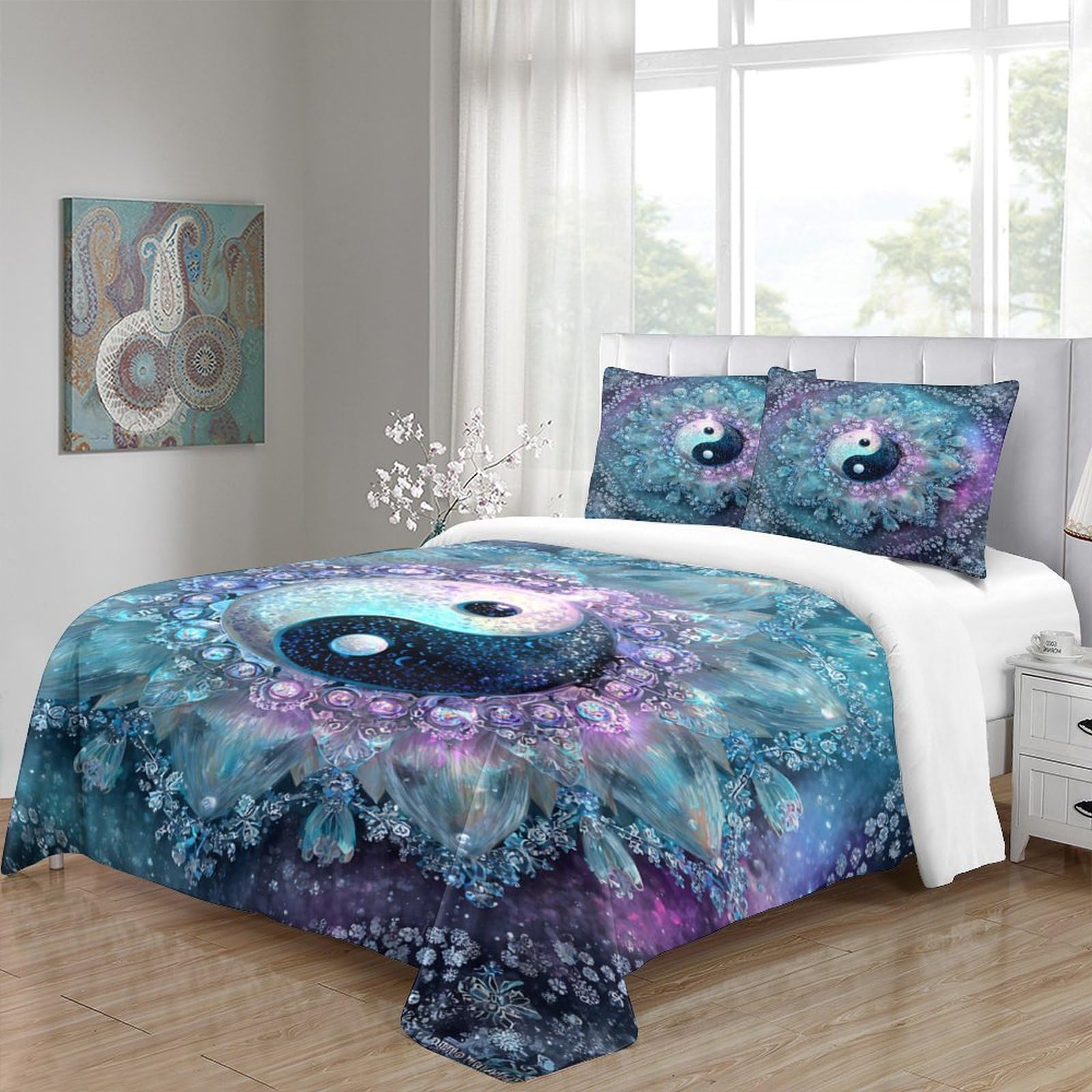 Yinyang Symbol 3-teiliges Reines Polyester Kosmischer Kunststil Bettbezug, Versteckter Reißverschluss, Krippenbettwäsche, Babysicher & Pflegeleicht King（220x240cm）