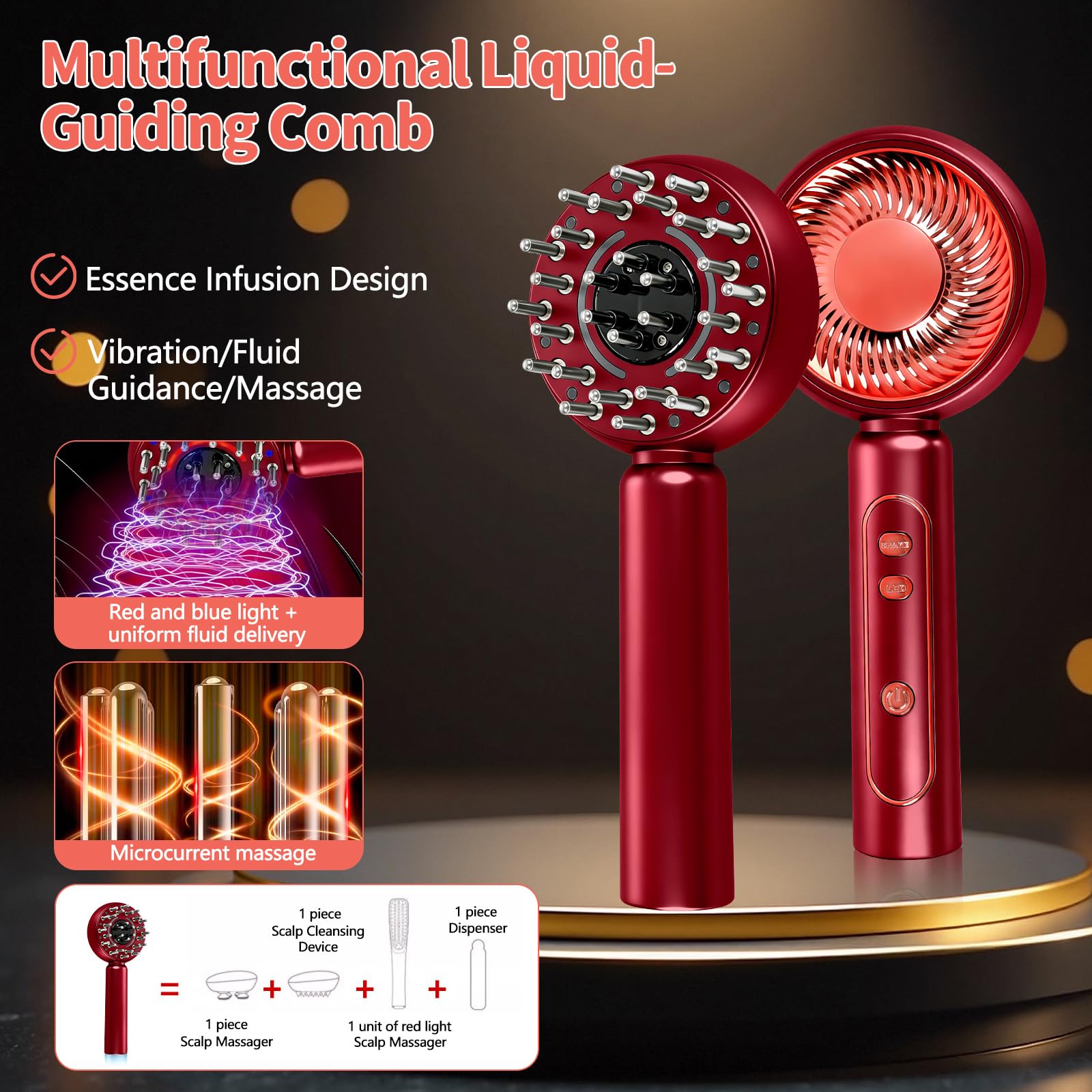 Spazzola elettrica per massaggio del cuoio capelluto, massaggiatore elettrico per cuoio capelluto 2 in 1, applicatore di olio per capelli con luce rossa, 4 modalità di massaggio e cura del (Rosso)