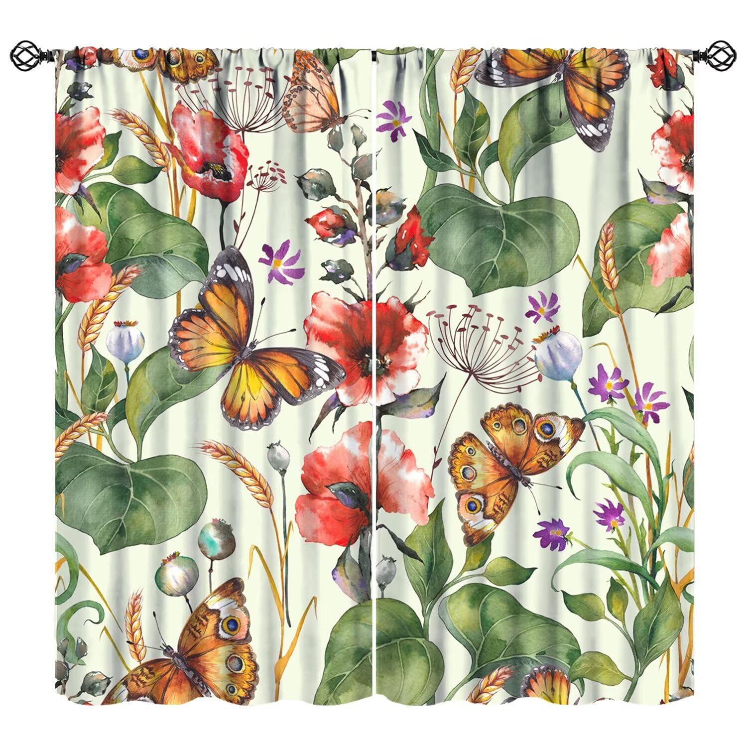 JESTRONRY Floral Butterfly Window Curtains, Flowers Butterfly Botanical Green Background Window Door Curtains for Kitchen Bedroom Living Room Home Decor 55" W X 63" L (Blackout)